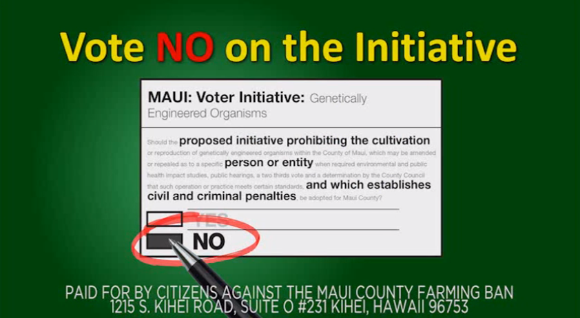 A still from an advertisement payed for by Citizens Against the Maui County Farming Ban, a group backed by agricultural giants Monsanto and DowAgroSciences
