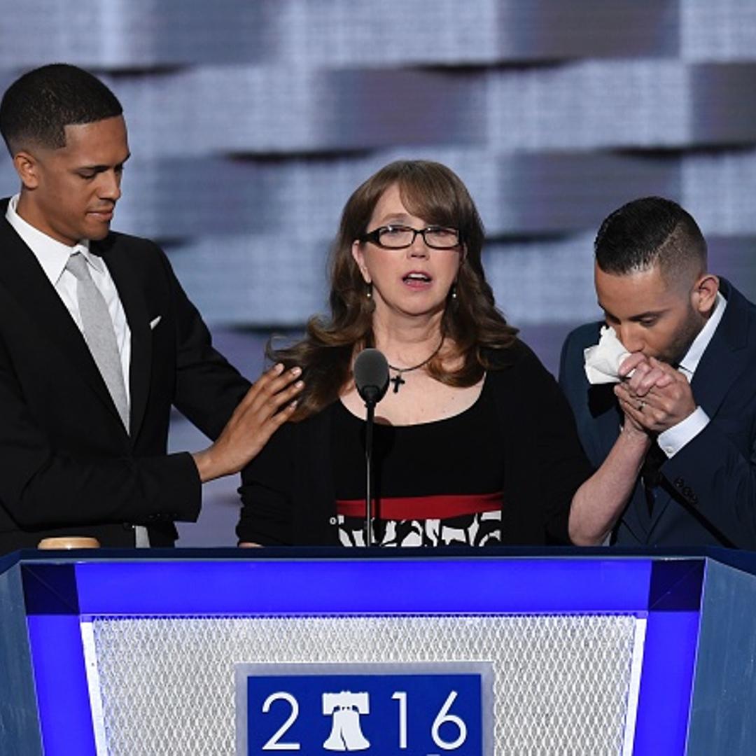 Christine Leinonen (C), mother of Christopher "Drew" Leinonen killed in the Pulse nightclub attack in Orlando, Florida, is joined by Brandon Wolf (L) and Jose Arriagada who survived the attack during the Democratic National Convention at the Wells Fargo