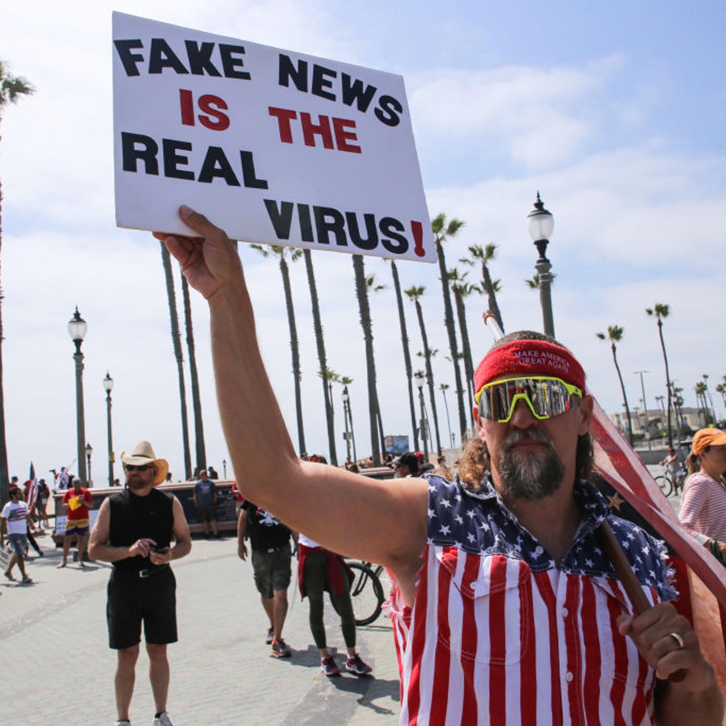 A protester holds a placard that says Fake News Is The Real