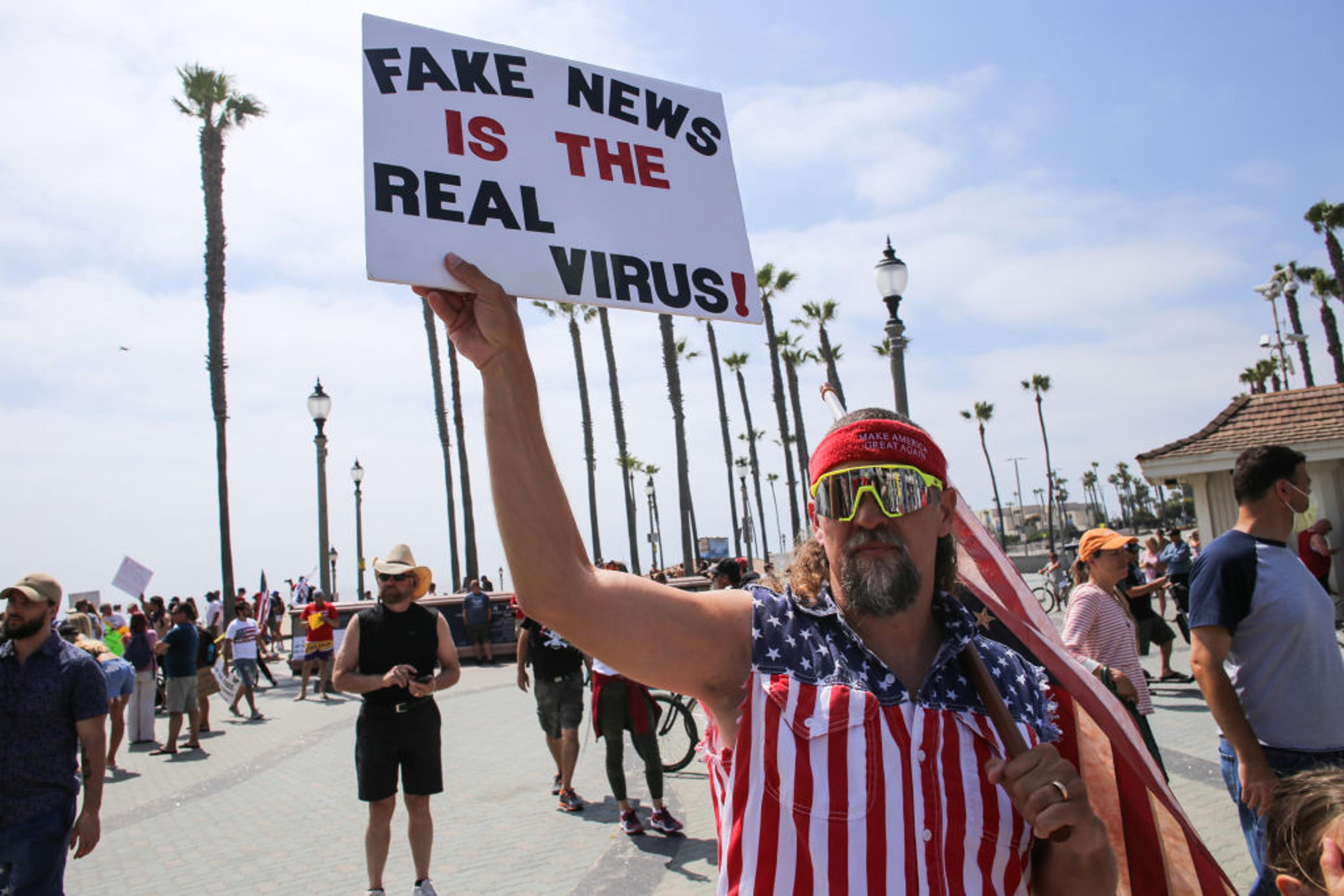 A protester holds a placard that says Fake News Is The Real
