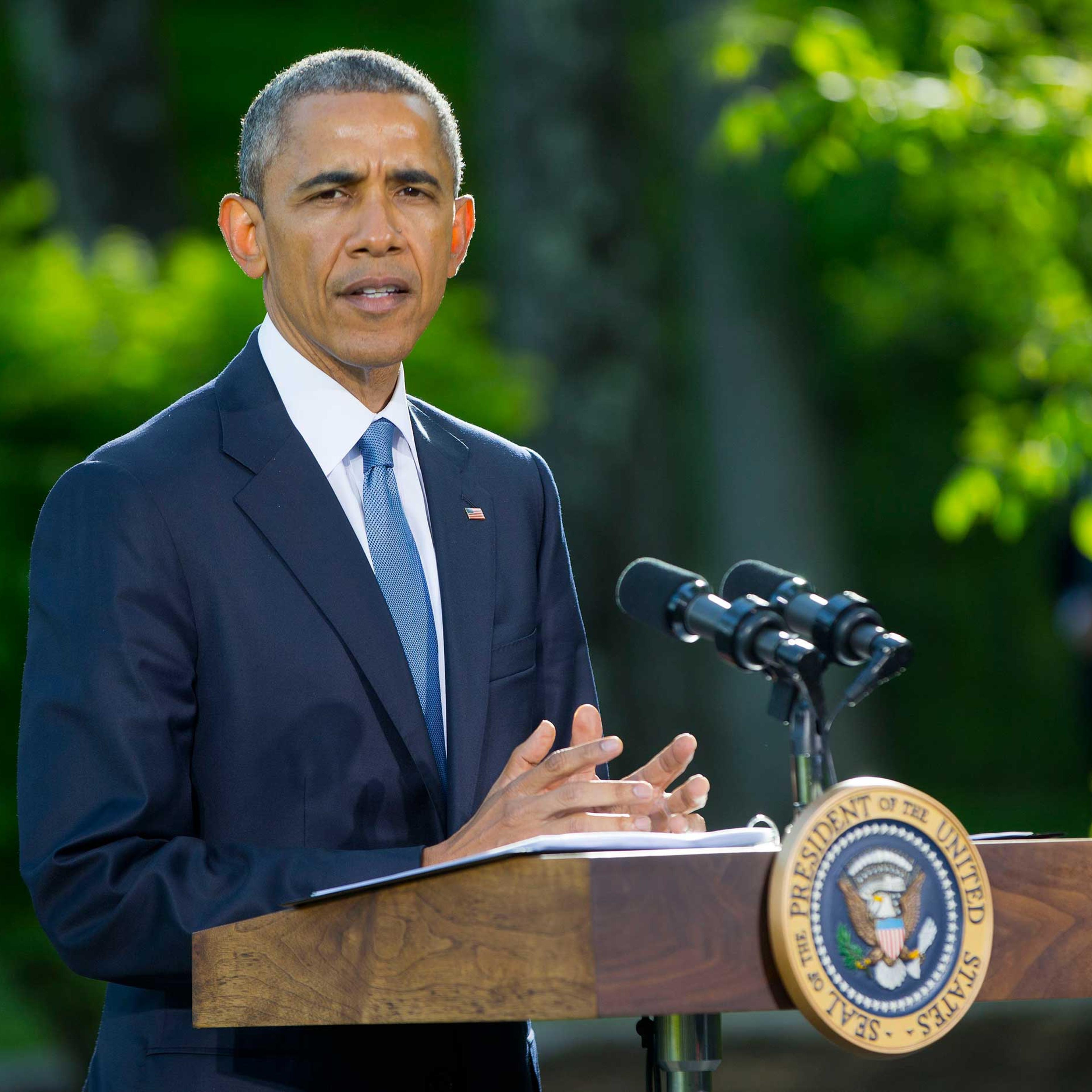 President Barack Obama speaks during a news conference after meeting with Gulf Cooperation Council leaders and delegations at Camp David in Maryland.