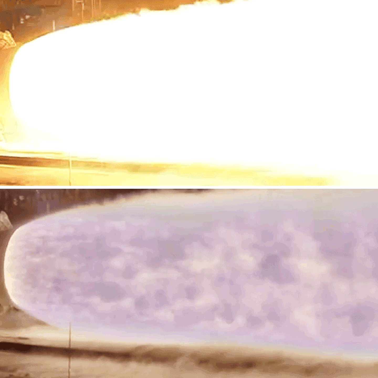 Orbital ATK’s QM-2 solid rocket booster test, as recorded by a traditional video camera (top) and by NASA’s High Dynamic Range Stereo X (HiDyRS-X) camera (bottom).