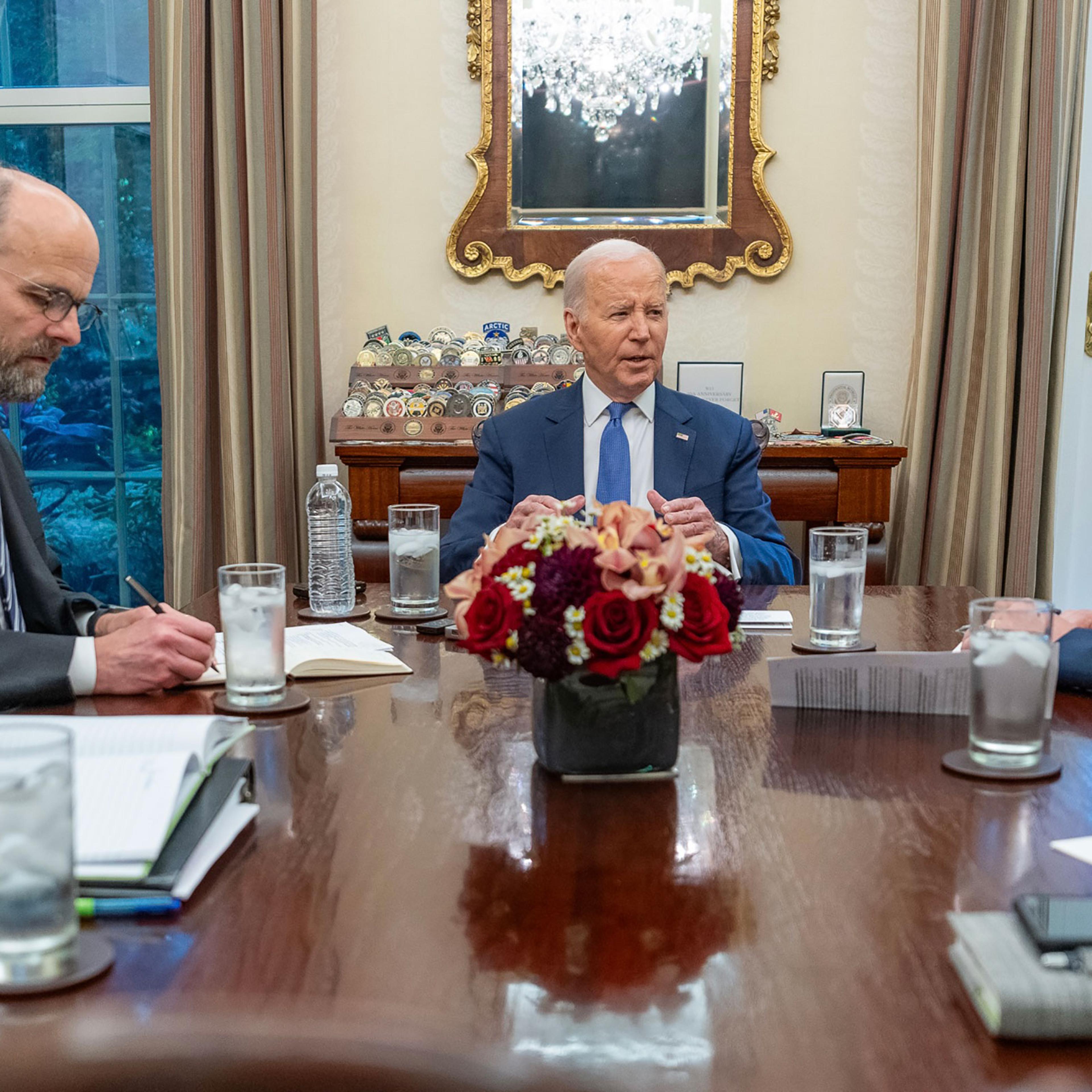 President Joe Biden participates in an interview with TIME's Washington bureau chief Massimo Calabresi, and Editor-in-Chief Sam Jacobs in the Oval Office Private Dining Room of the White House on May 28, 2024.