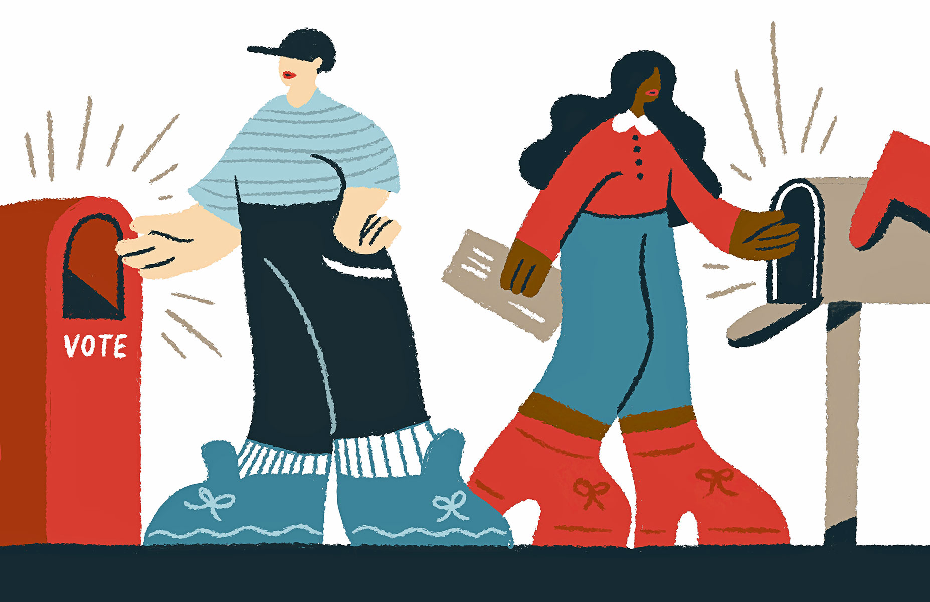 An illustration of two people voting by mail