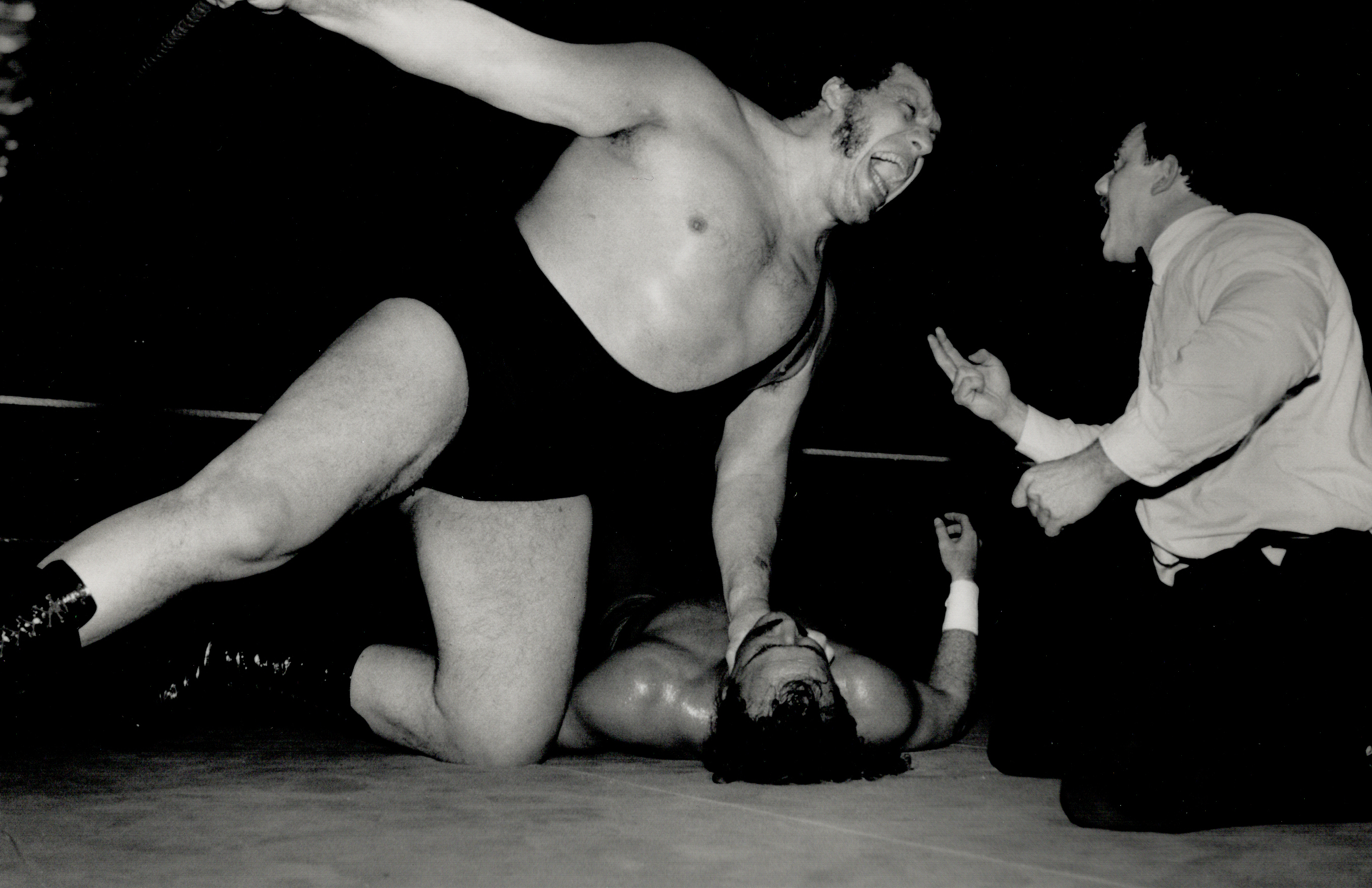 Hot hype: Andre The Giant spews vitriol at the referee as fans put in their two cents' worth.