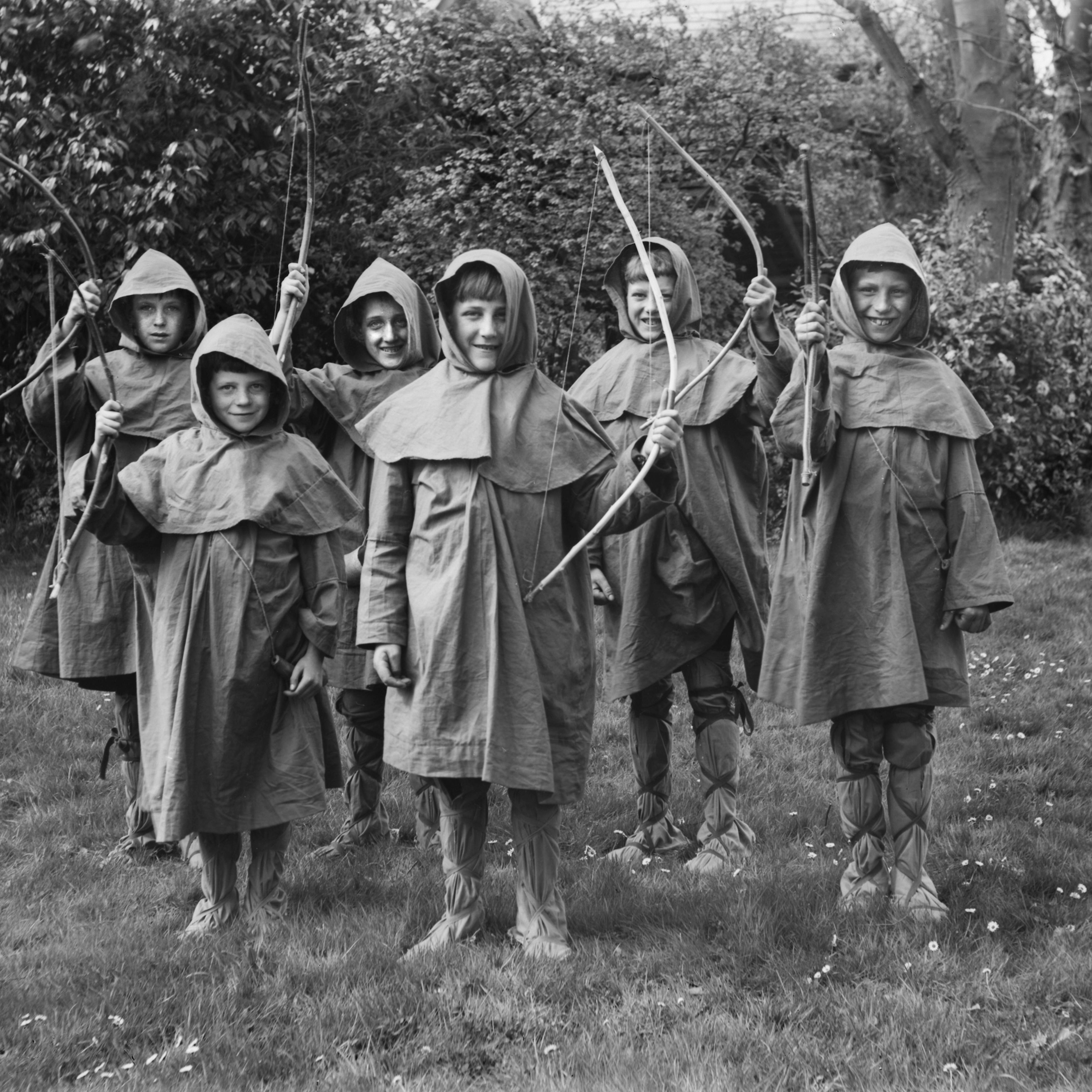 Young boys dressed up as Robin Hood in England, ca. 1920