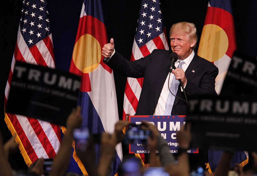 Republican presidential nominee Donald Trump flashes a thumps up at the Gallogly Event Center on the campus of the University of Colorado on July 29, 2016 in Colorado Springs, Colorado.