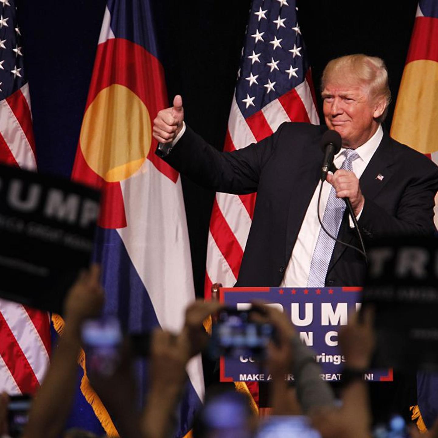 Republican presidential nominee Donald Trump flashes a thumps up at the Gallogly Event Center on the campus of the University of Colorado on July 29, 2016 in Colorado Springs, Colorado.