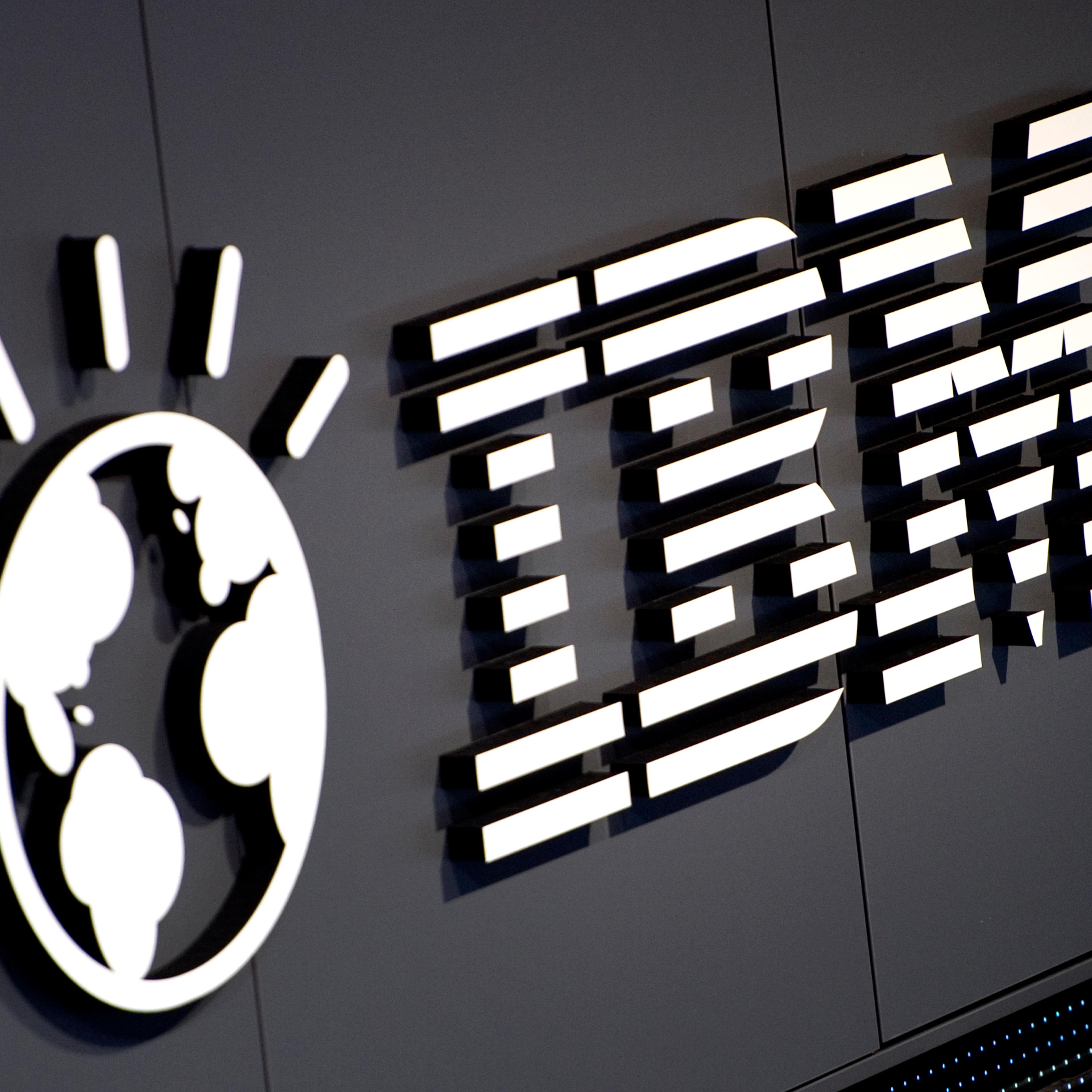 The logo of IBM is seen at their booth p