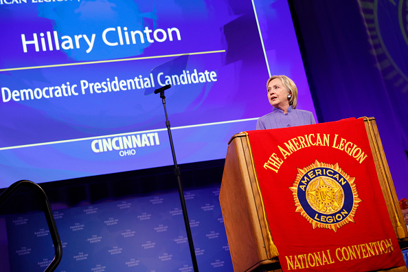 Democratic presidential nominee Hillary Clinton speaks at the American Legion Convention August 31, 2016 in Cincinnati, Ohio.