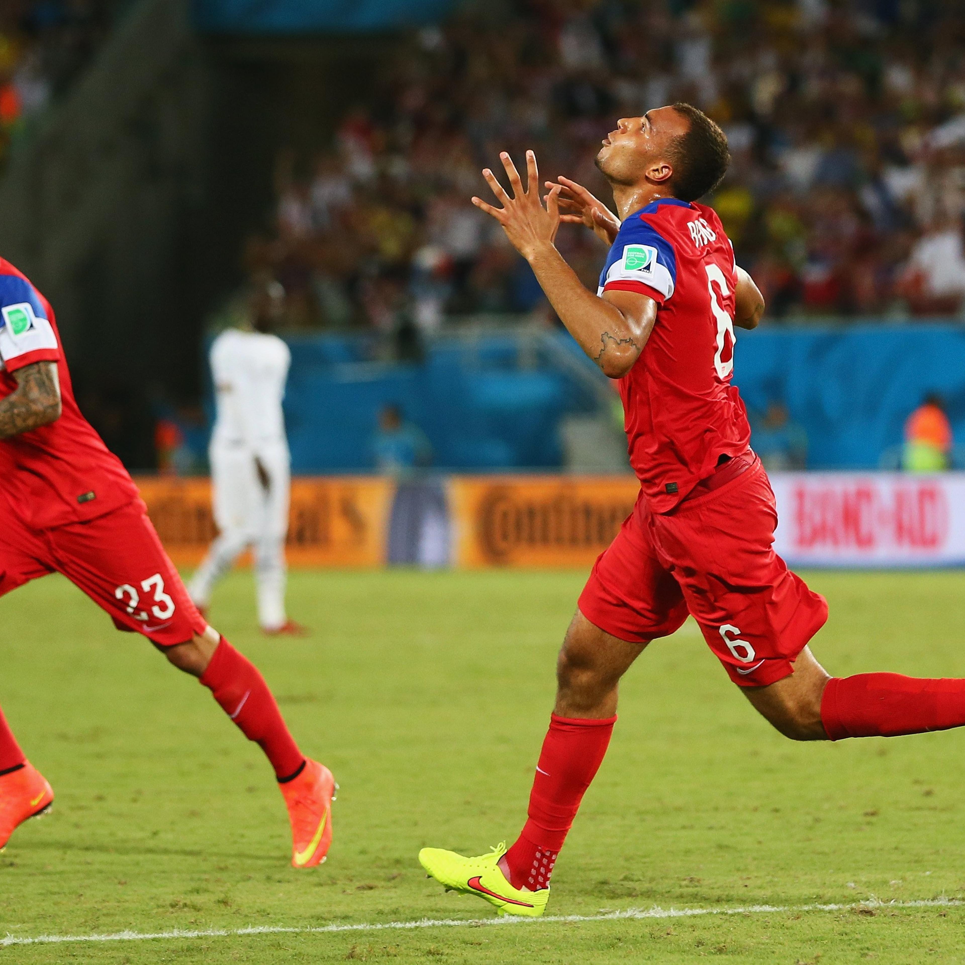 From right: John Brooks of the United States celebrates scoring his team's second goal with Fabian Johnson during the 2014 FIFA World Cup Brazil Group G match between Ghana and the United States at Estadio das Dunas on June 16, 2014 in Natal, Brazil.