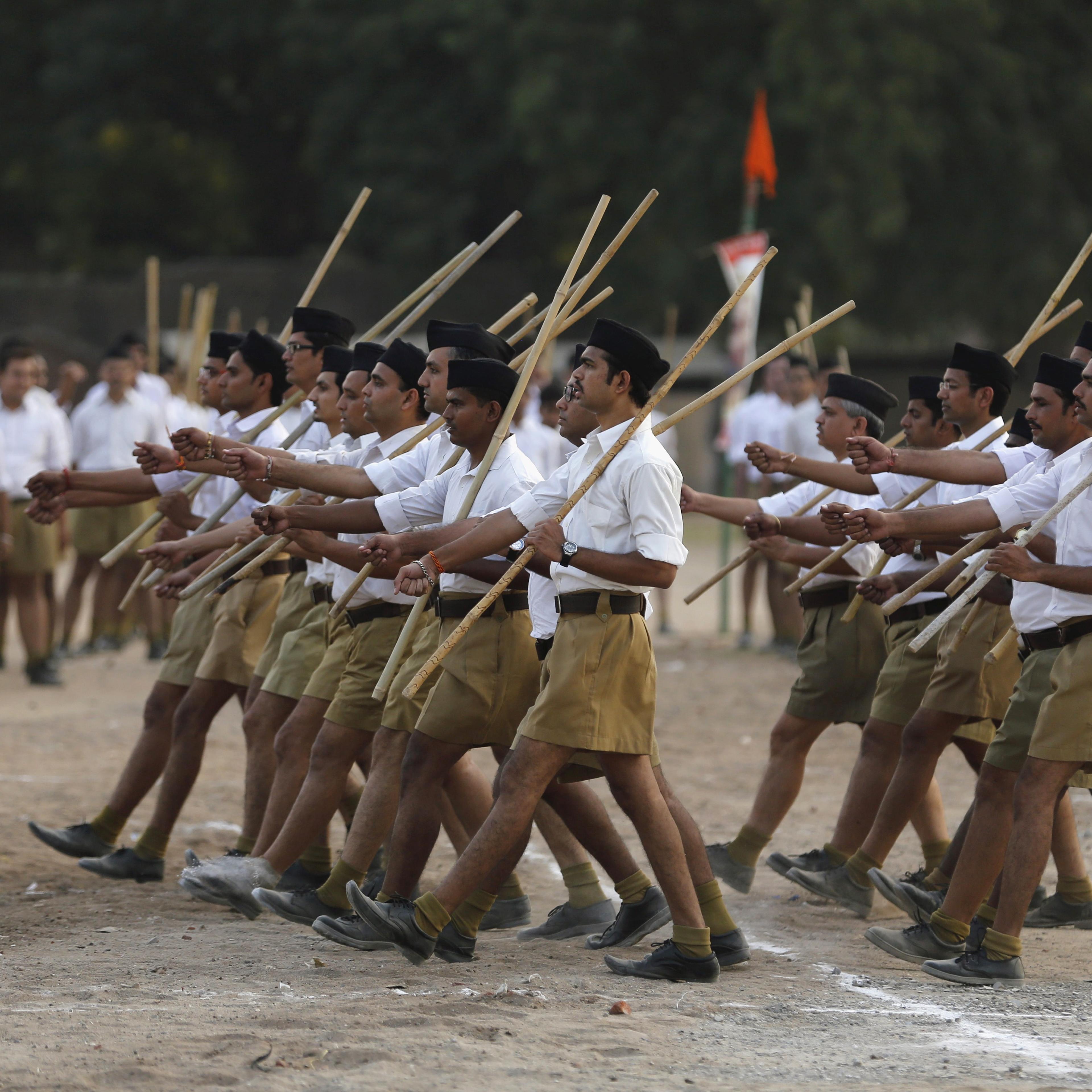 RSS volunteers take part in the "Path-Sanchalan" during celebrations to mark Vijaya Dashmi or Dussehra in Ahmedabad