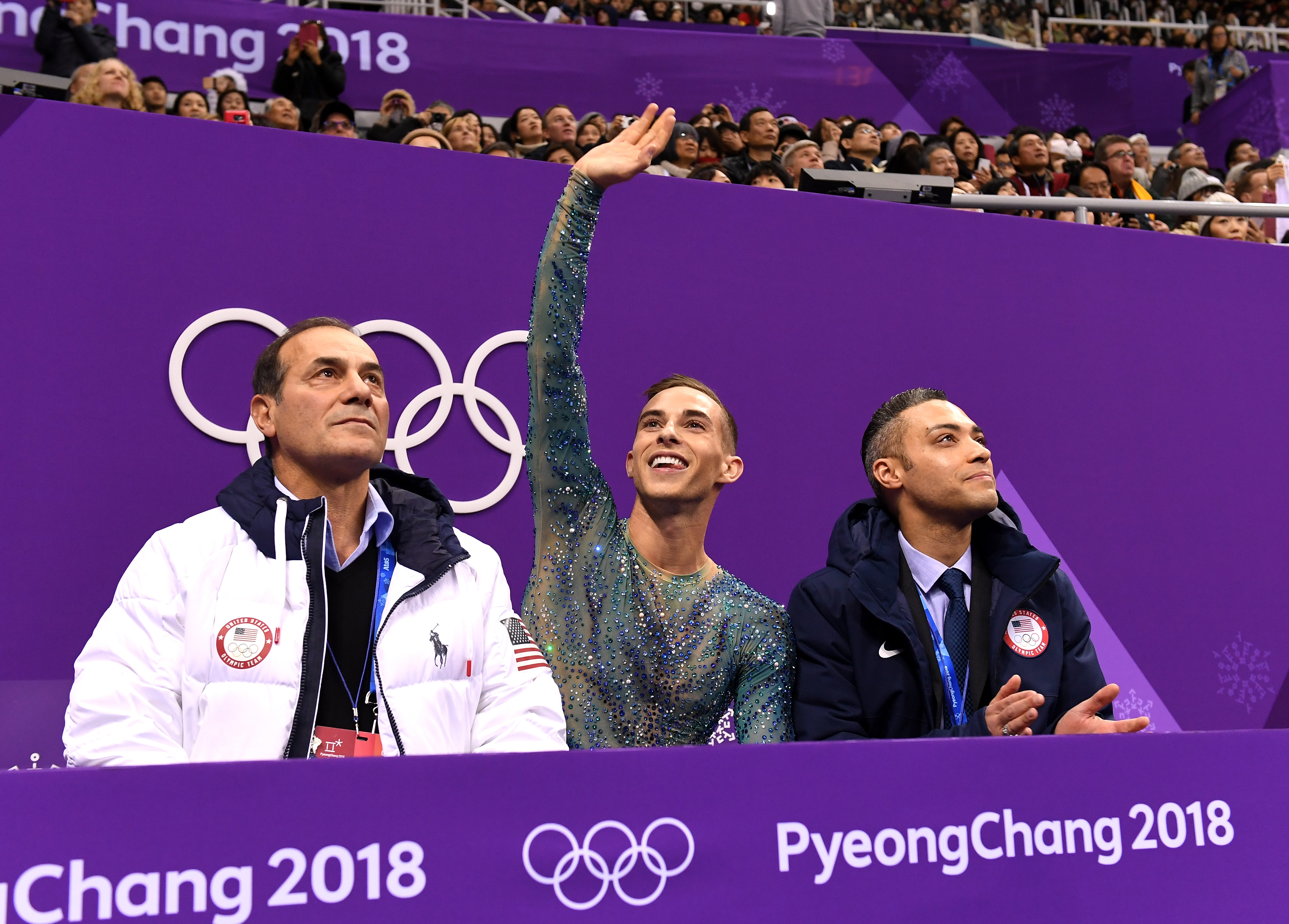 Figure Skating - Winter Olympics Day 8, Adam Rippon sitting with coaches