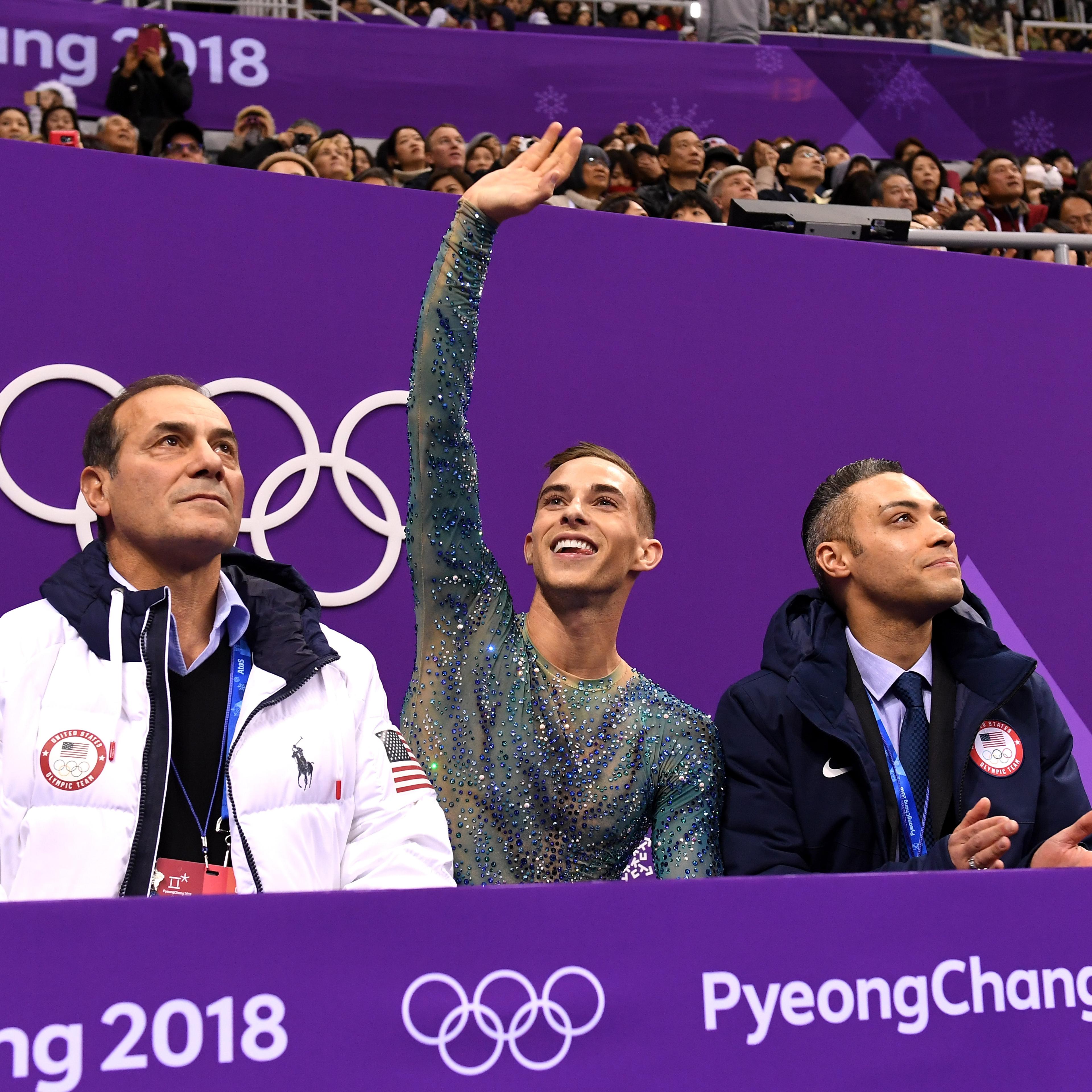 Figure Skating - Winter Olympics Day 8, Adam Rippon sitting with coaches