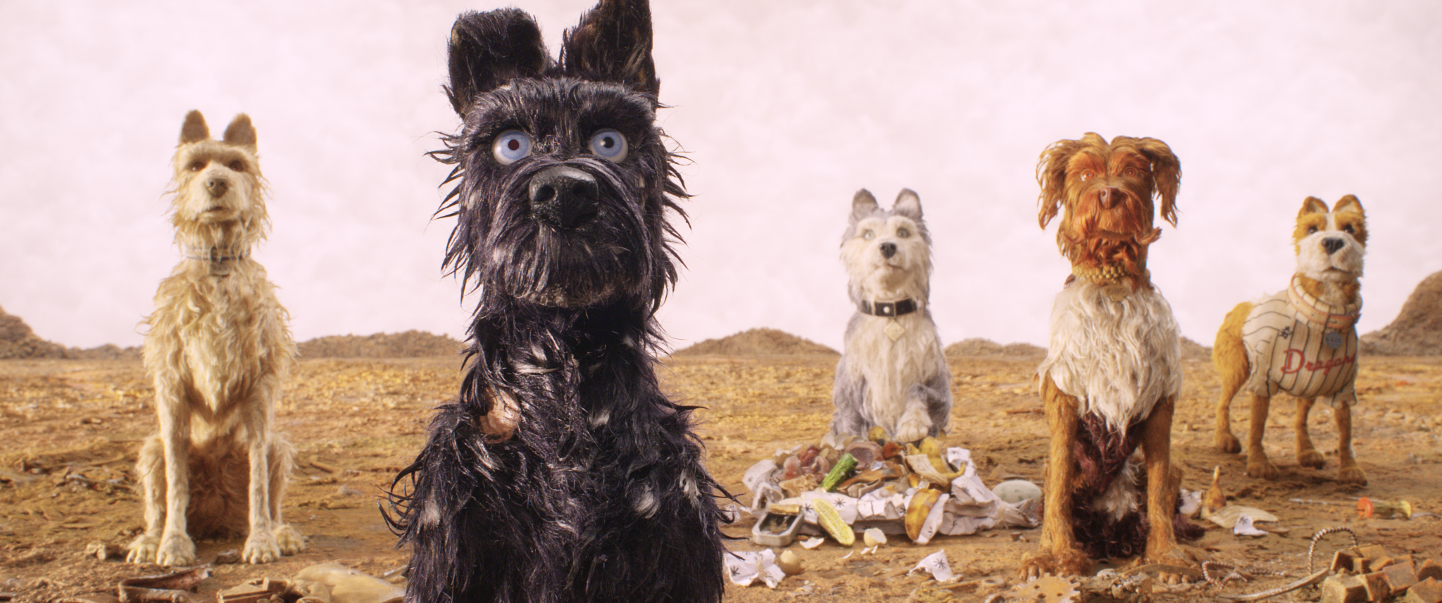 Bill Murray as 'Boss,' Jeff Goldblum as 'Duke,' Edward Norton as 'Rex,' Bob Balaban as 'King,' Liev Shreiber as 'Spots,' Harvey Keitel as 'Gondo,' Koyu Rankin as 'Atari Kobayashi' and Bryan Cranston as 'Chief' in Wes Anderson's Isle of Dogs. 