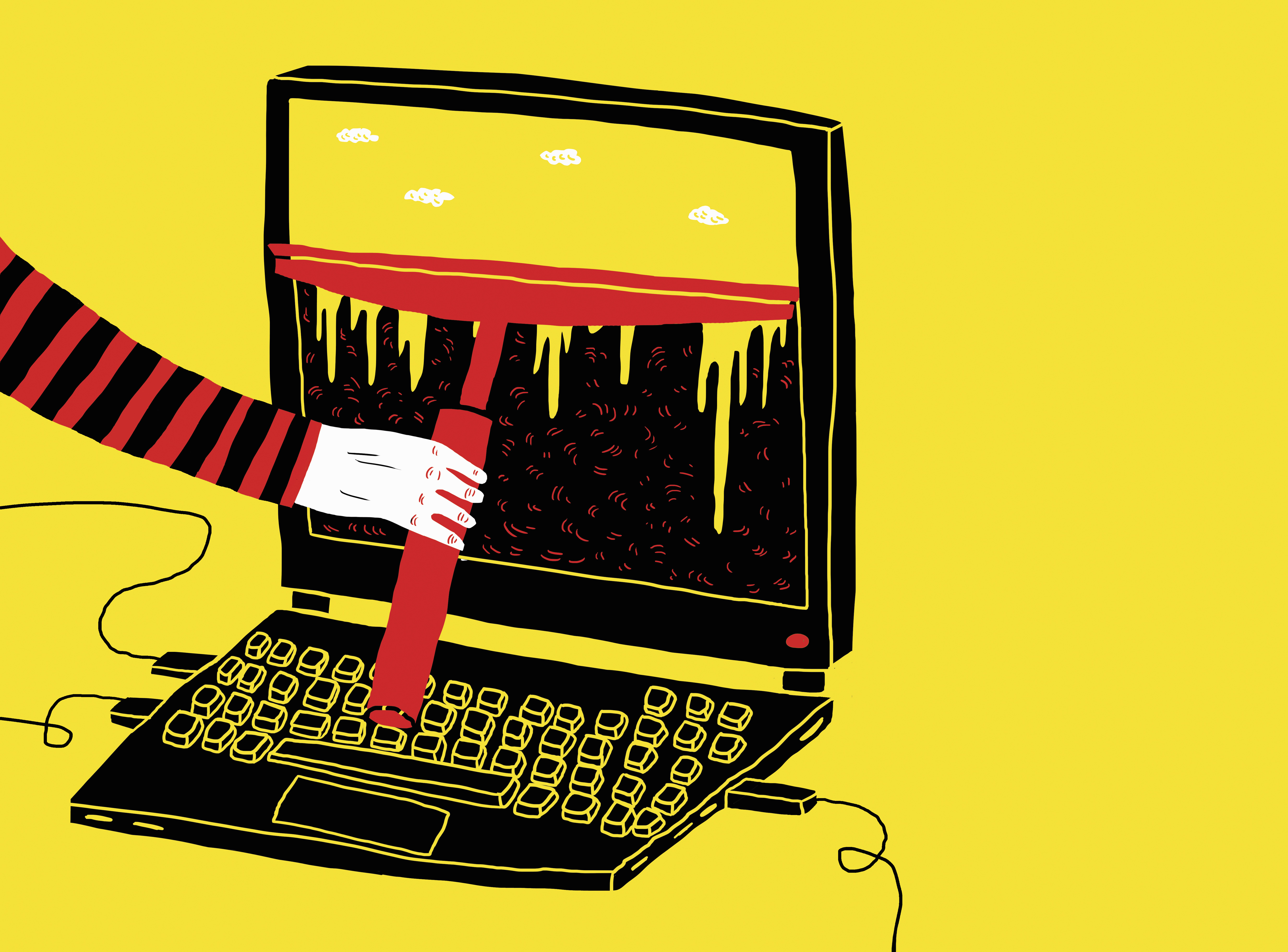 Hand of hacker with squeegee wiping laptop computer screen
