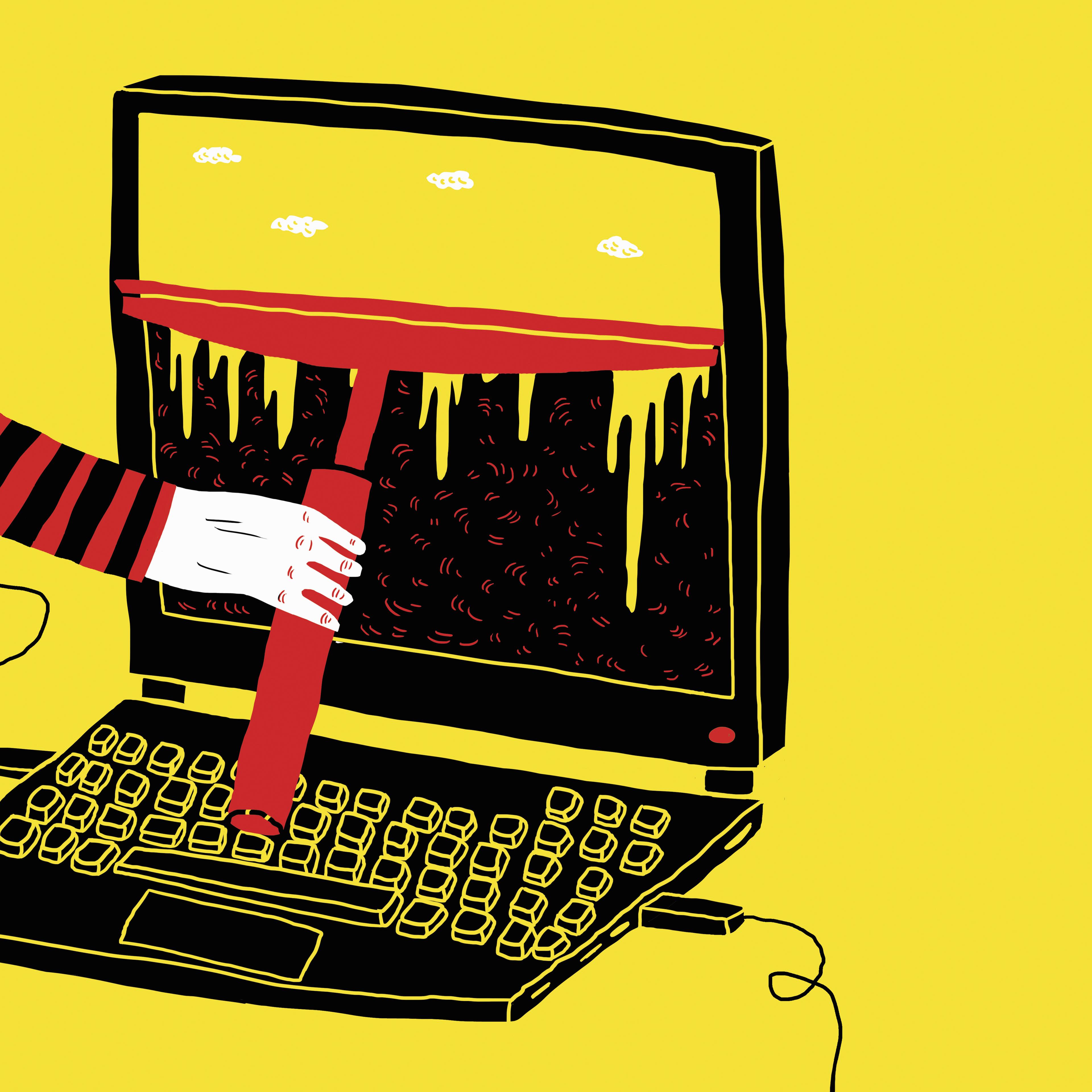 Hand of hacker with squeegee wiping laptop computer screen