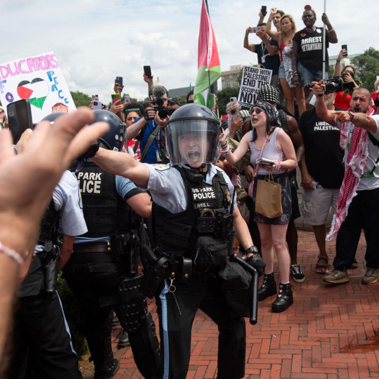 Pro-Palestinian protesters and police clash at Union Station in Washington, D.C., on July 24, 2024 during a protest against Israeli Prime Minister Benjamin Netanyahu's visit to the U.S.