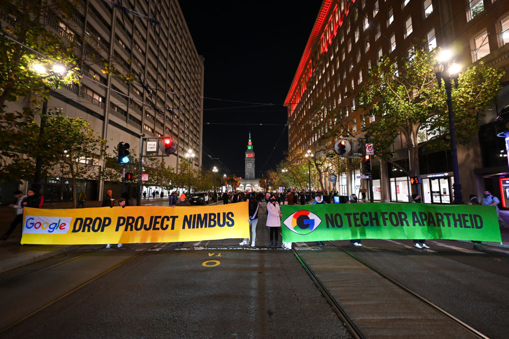 Protestors gather in front of Google's San Francisco offices demanding an end to its work with the Israeli government, on December 14, 2023.