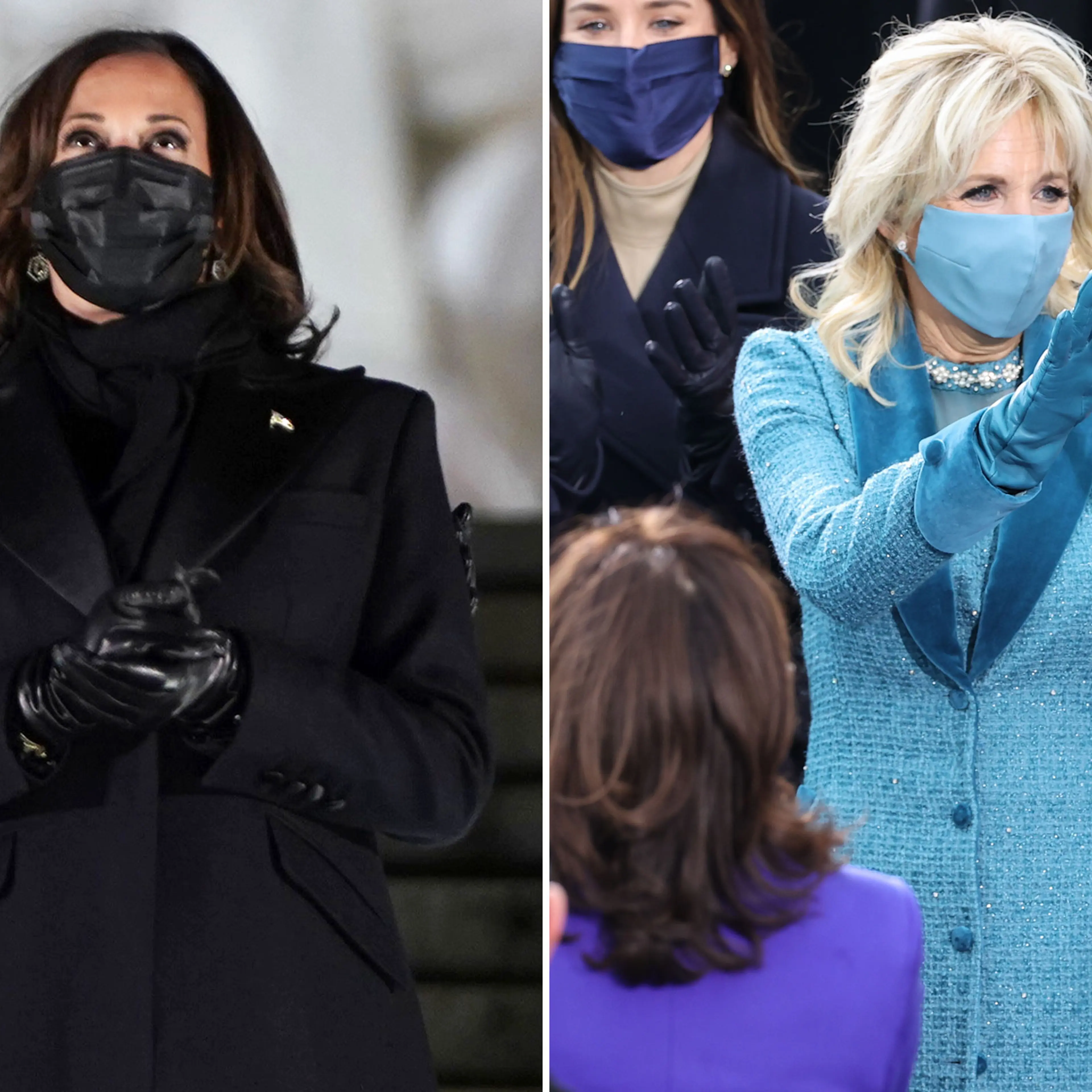 Vice-President Kamala Harris attends a televised ceremony at the Lincoln Memorial on Jan. 20; Dr. Jill Biden during the Inauguration Day ceremony on Jan. 20