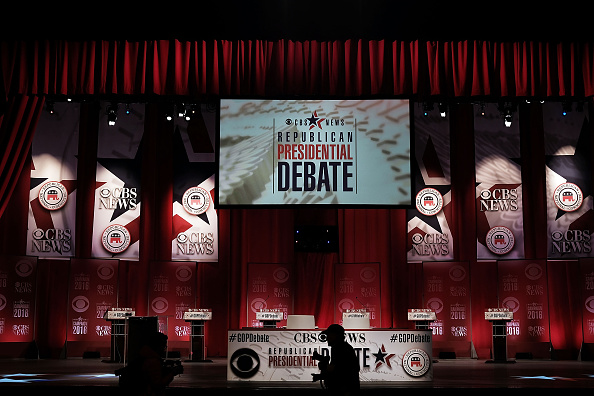 Last minute preparations are made on the stage for the Republican Presidential debate on February 13, 2016 in Greenville, South Carolina.