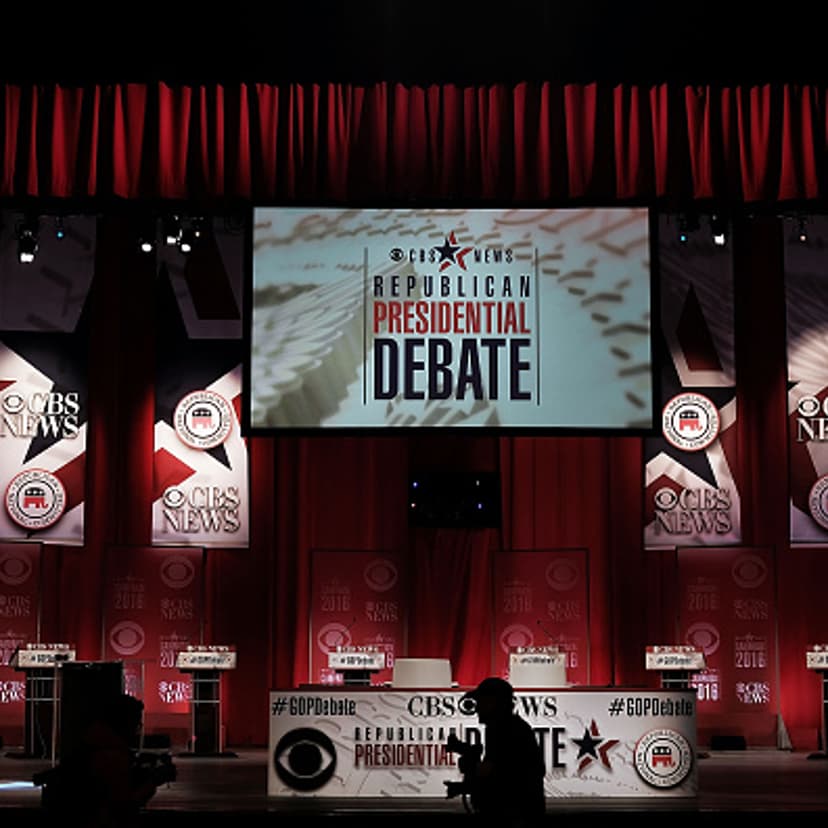 Last minute preparations are made on the stage for the Republican Presidential debate on February 13, 2016 in Greenville, South Carolina.
