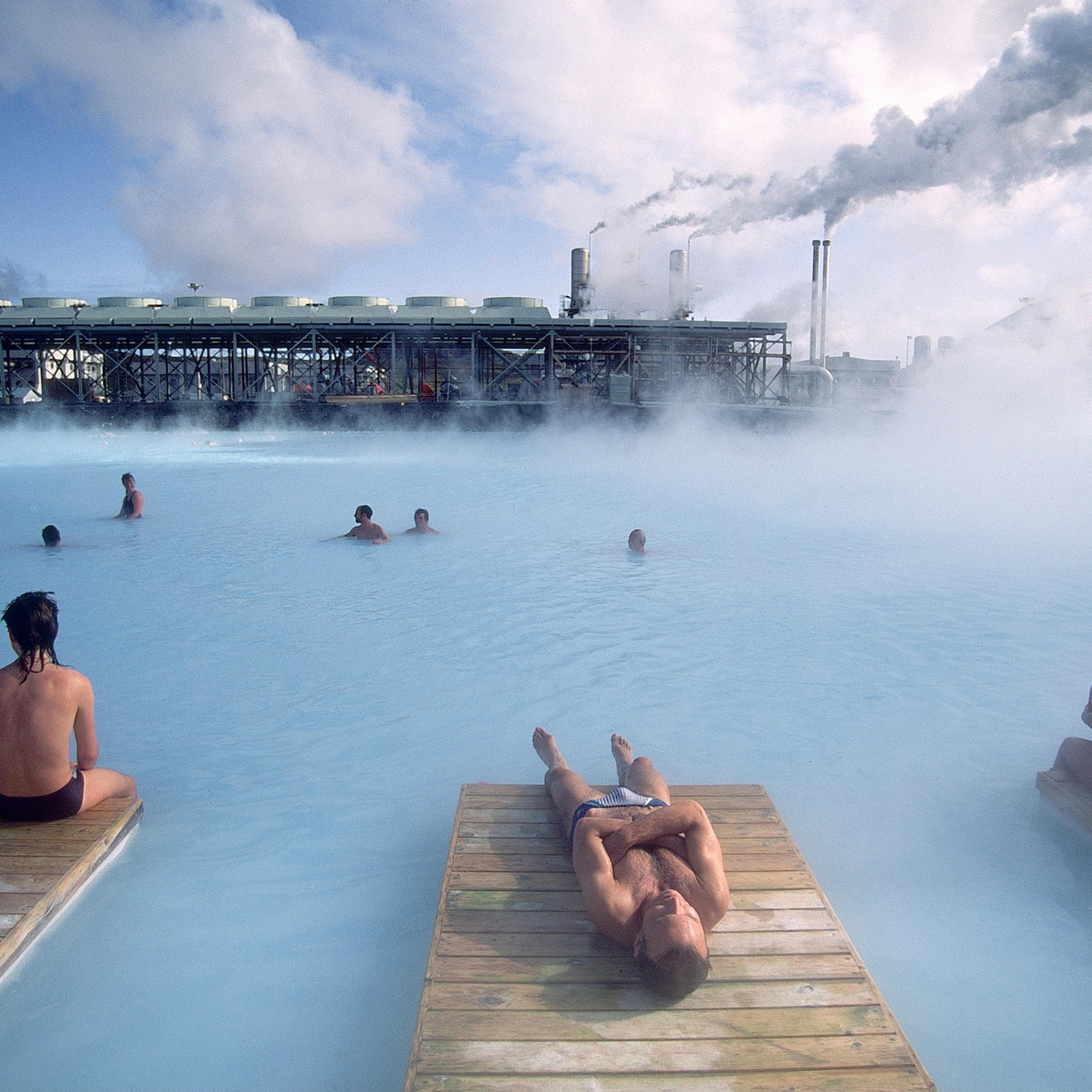 Bathers at the Blue Lagoon thermal bath in Reykjanes, Iceland.