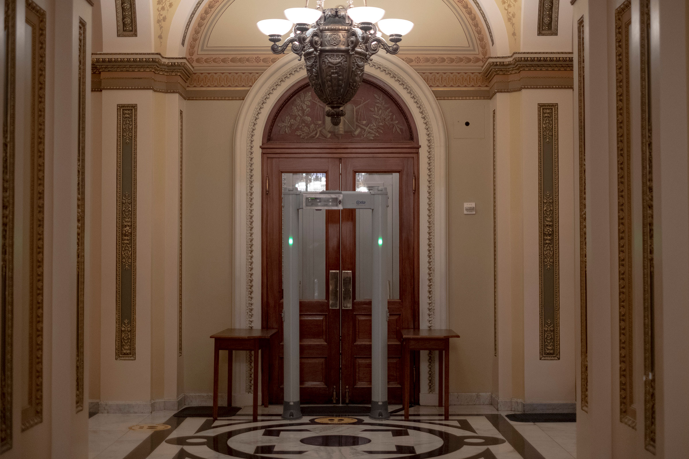 A metal detector stands in front of the House chamber after the vote on articles of impeachment at the Capitol in Washington, on Jan.13, 2020.