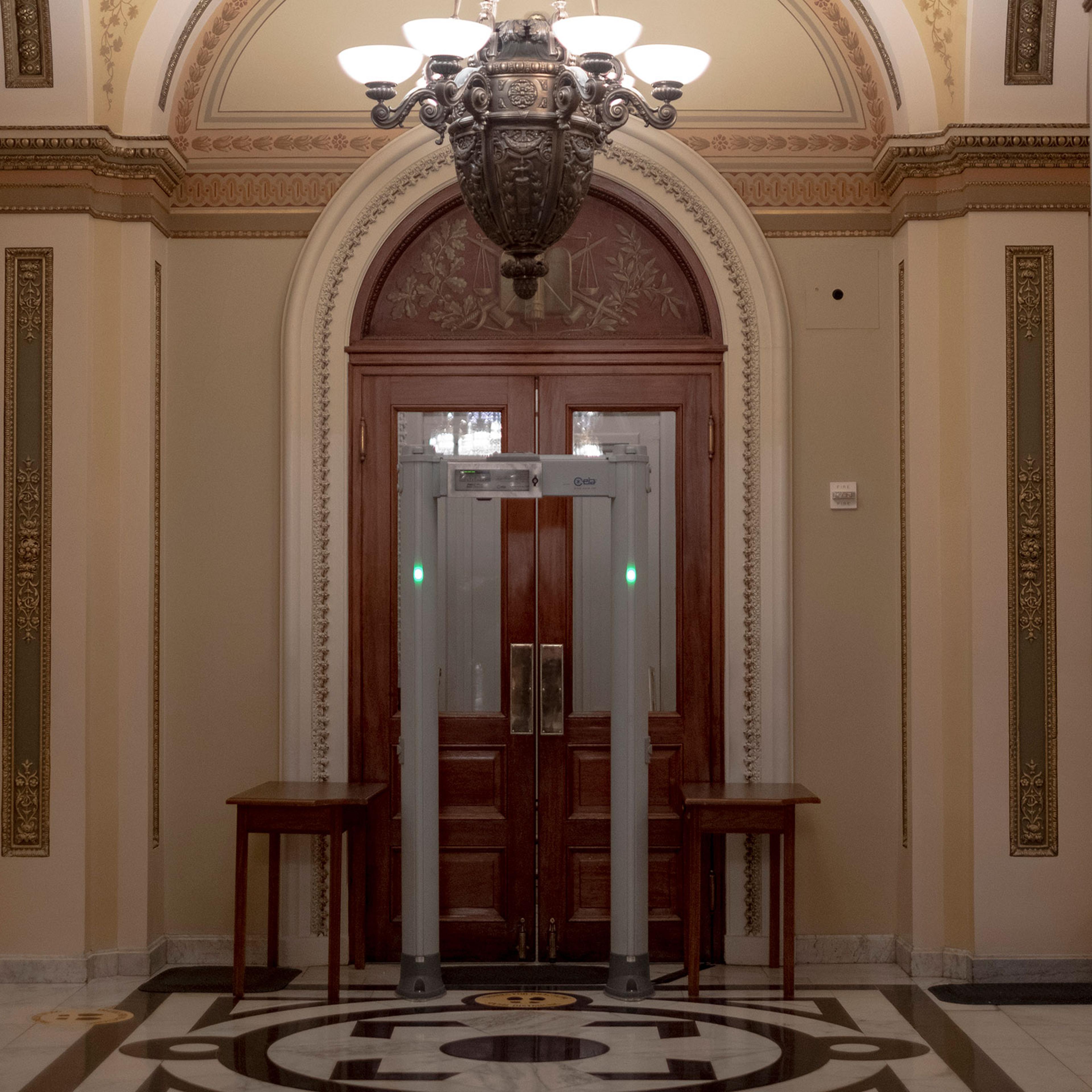 A metal detector stands in front of the House chamber after the vote on articles of impeachment at the Capitol in Washington, on Jan.13, 2020.
