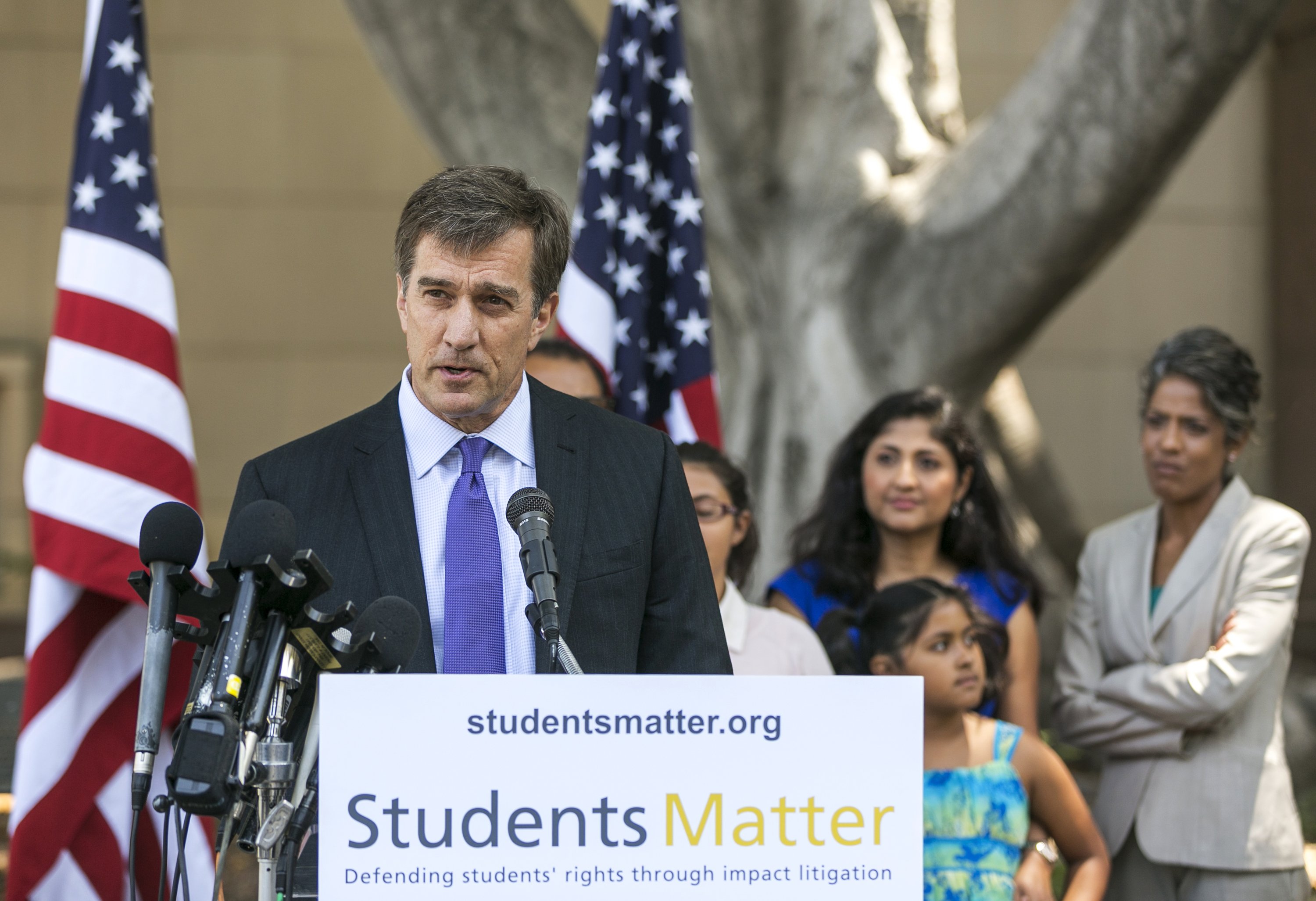 Silicon Valley entrepreneur and founder of Students Matter David Welch makes comments on the Vergara v. California lawsuit verdict in Los Angeles, Tuesday, June 10, 2014.