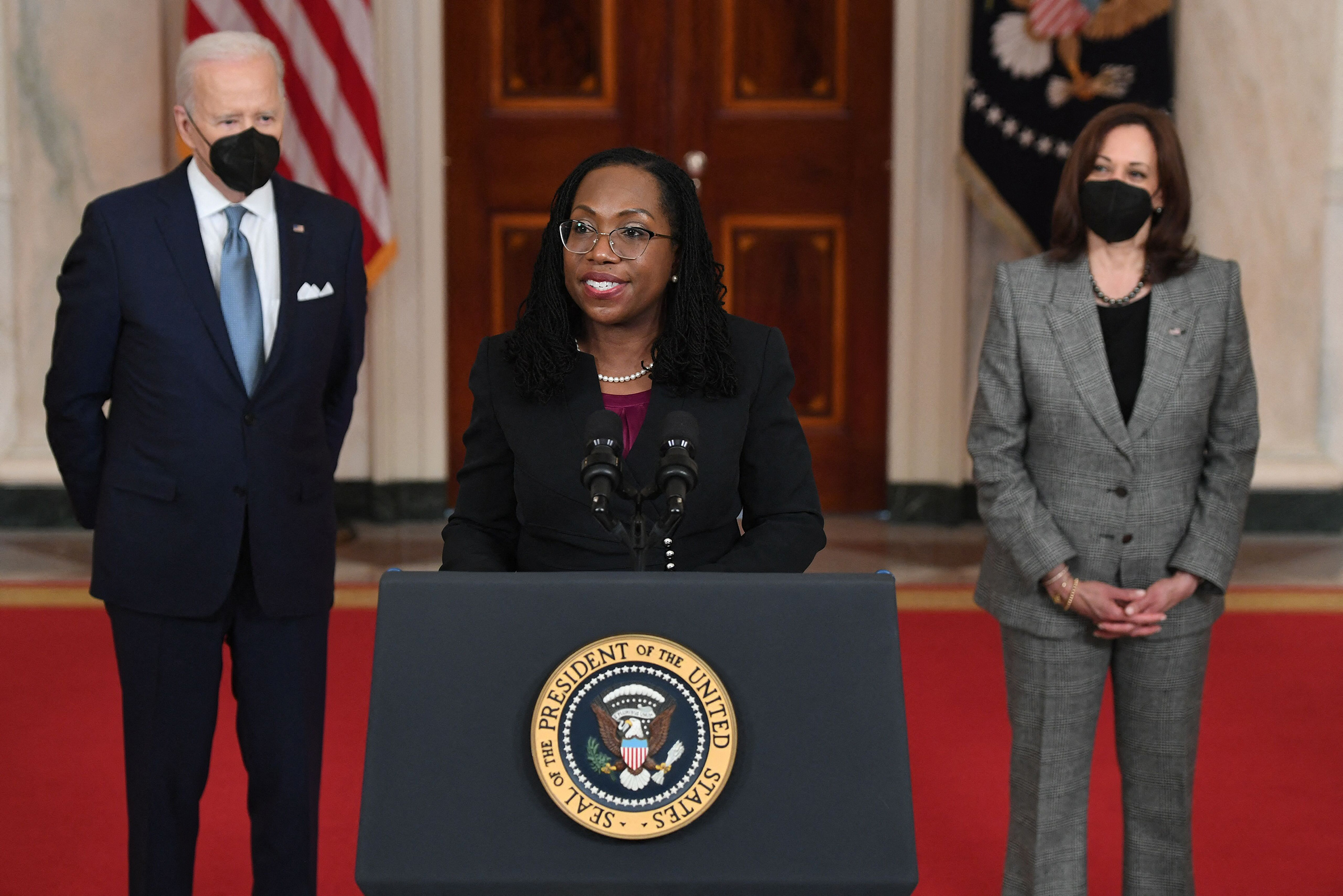 Judge Ketanji Brown Jackson, with President Joe Biden and Vice President Kamala Harris, speaks after being nominated for the U.S. Supreme Court at the White House in Washington, D.C., on Feb. 25, 2022.