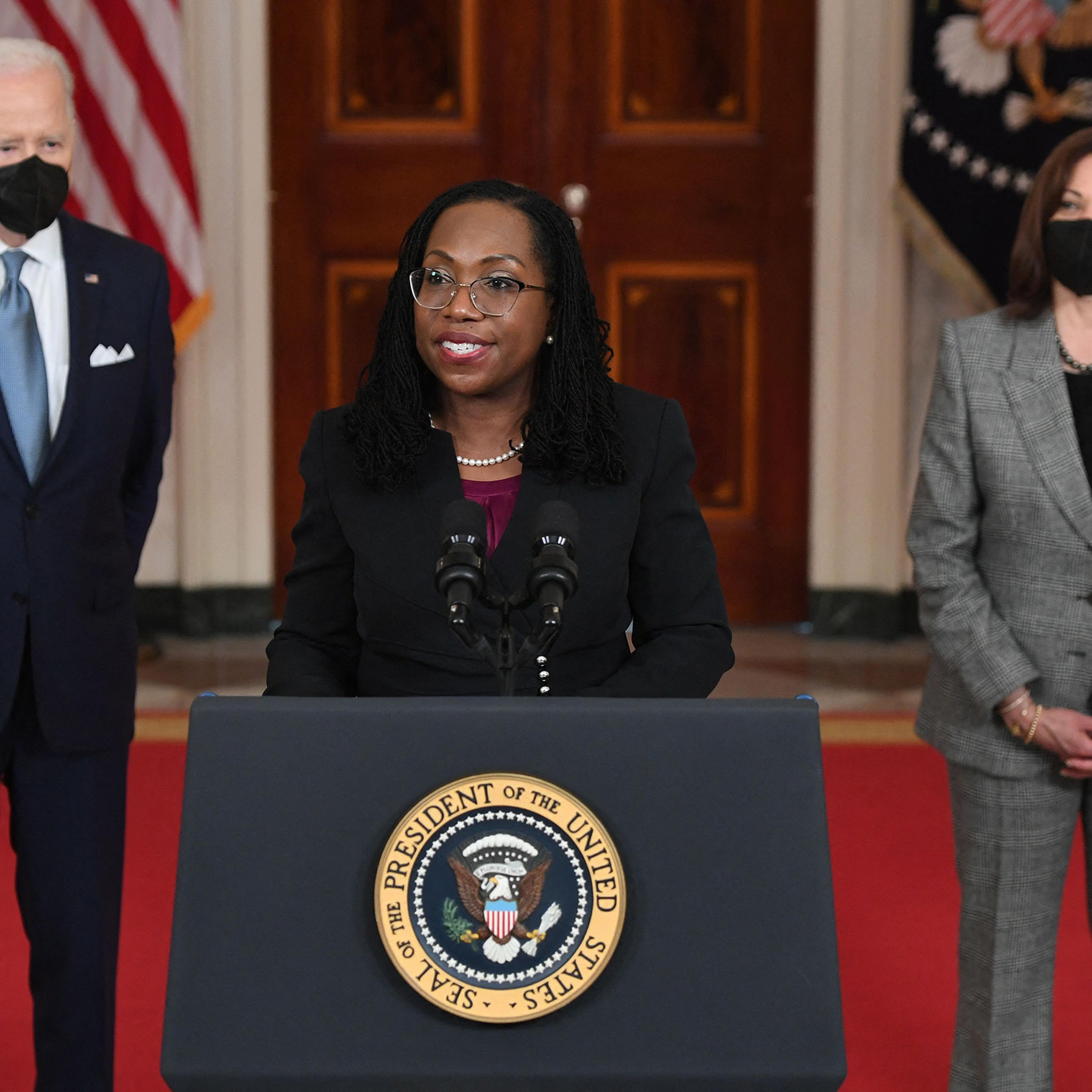 Judge Ketanji Brown Jackson, with President Joe Biden and Vice President Kamala Harris, speaks after being nominated for the U.S. Supreme Court at the White House in Washington, D.C., on Feb. 25, 2022.