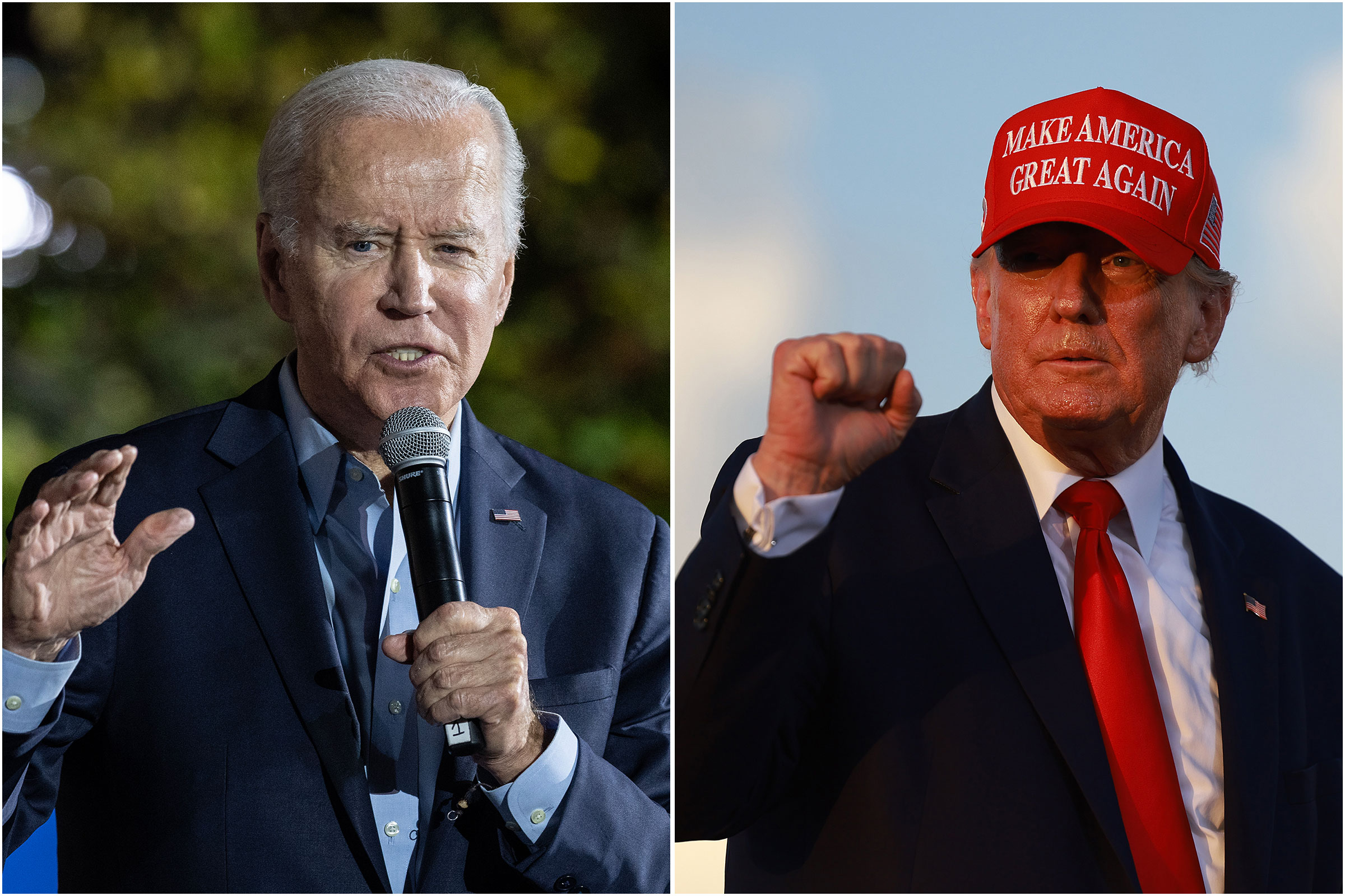 diptych of Joe Biden and Donald Trump, each speaking at rallies on Nov. 6, 2022