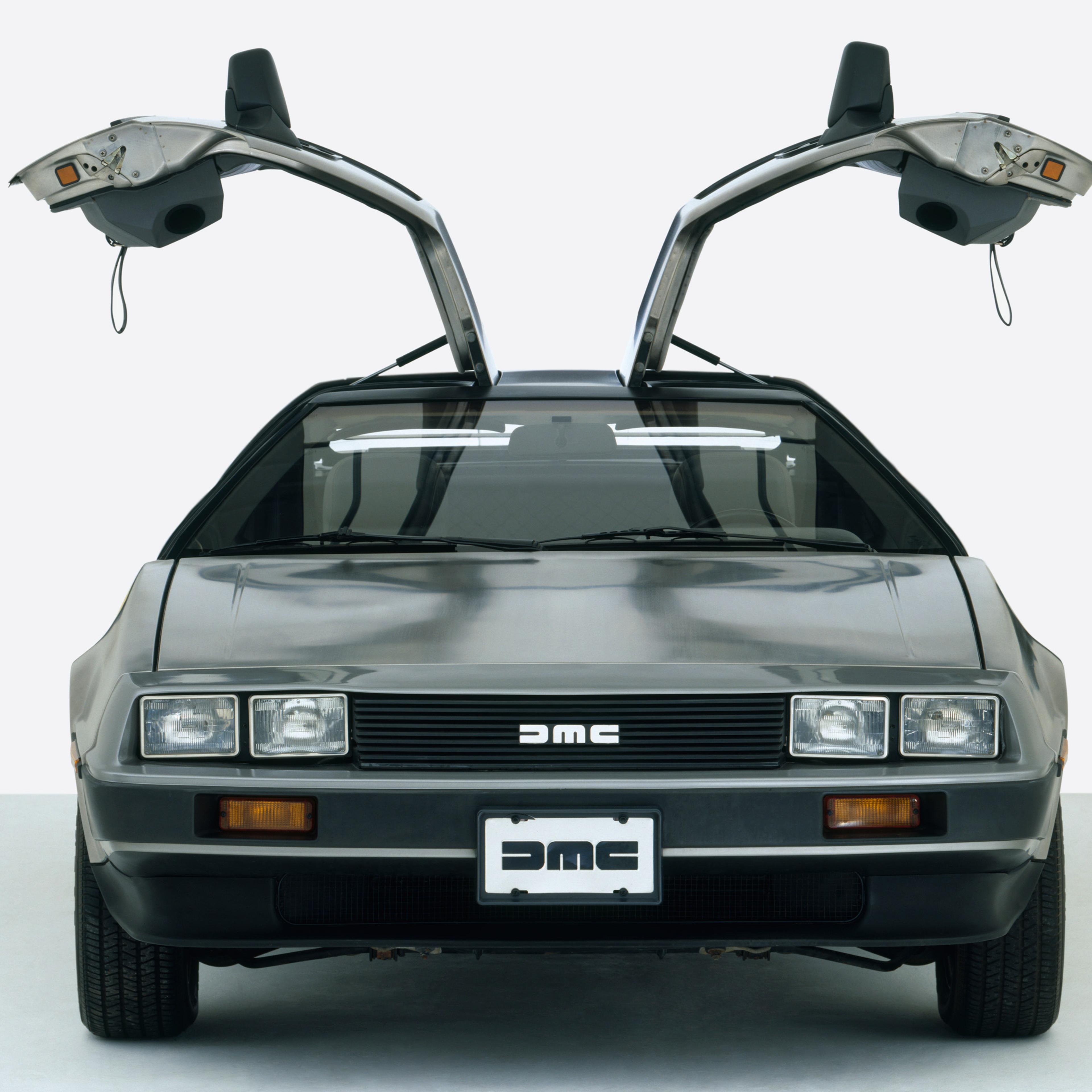 DeLorean DMC 12 with gullwing doors, 1979-82, front view.