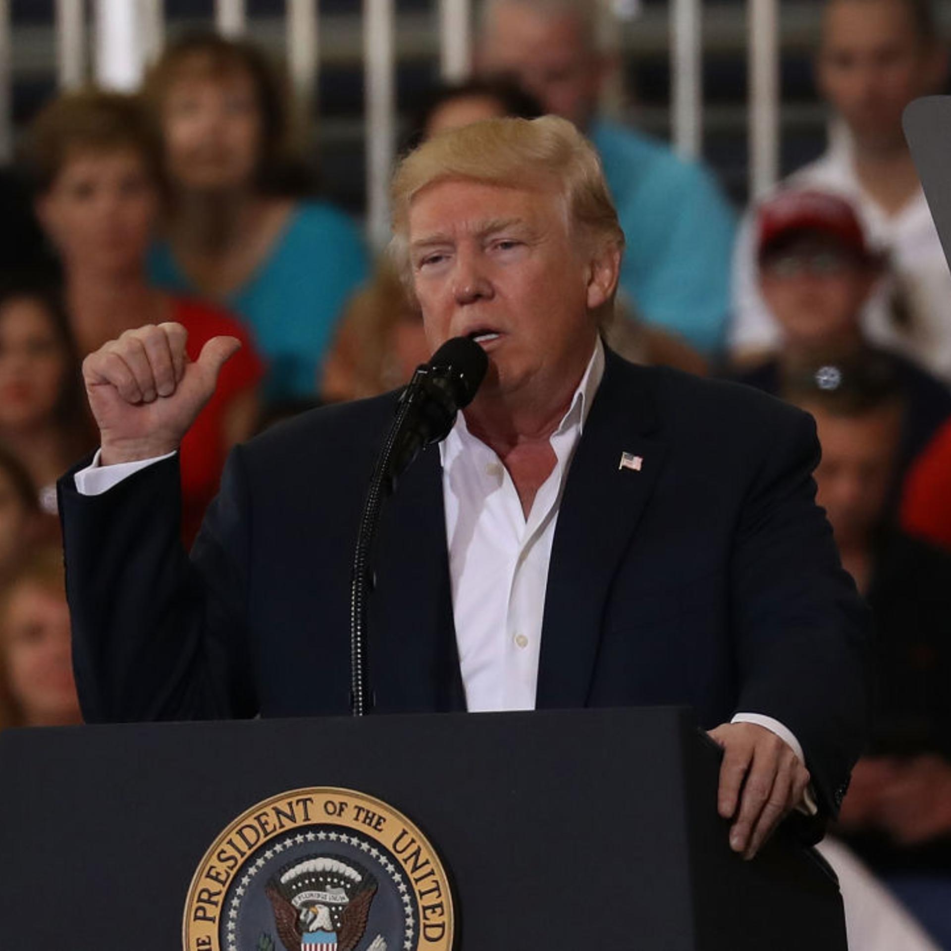 President Donald Trump arrives for a campaign rally at the AeroMod International hangar at Orlando Melbourne International Airport on February 18, 2017 in Melbourne, Florida. President Trump is holding his rally as he continues to try to push his agenda