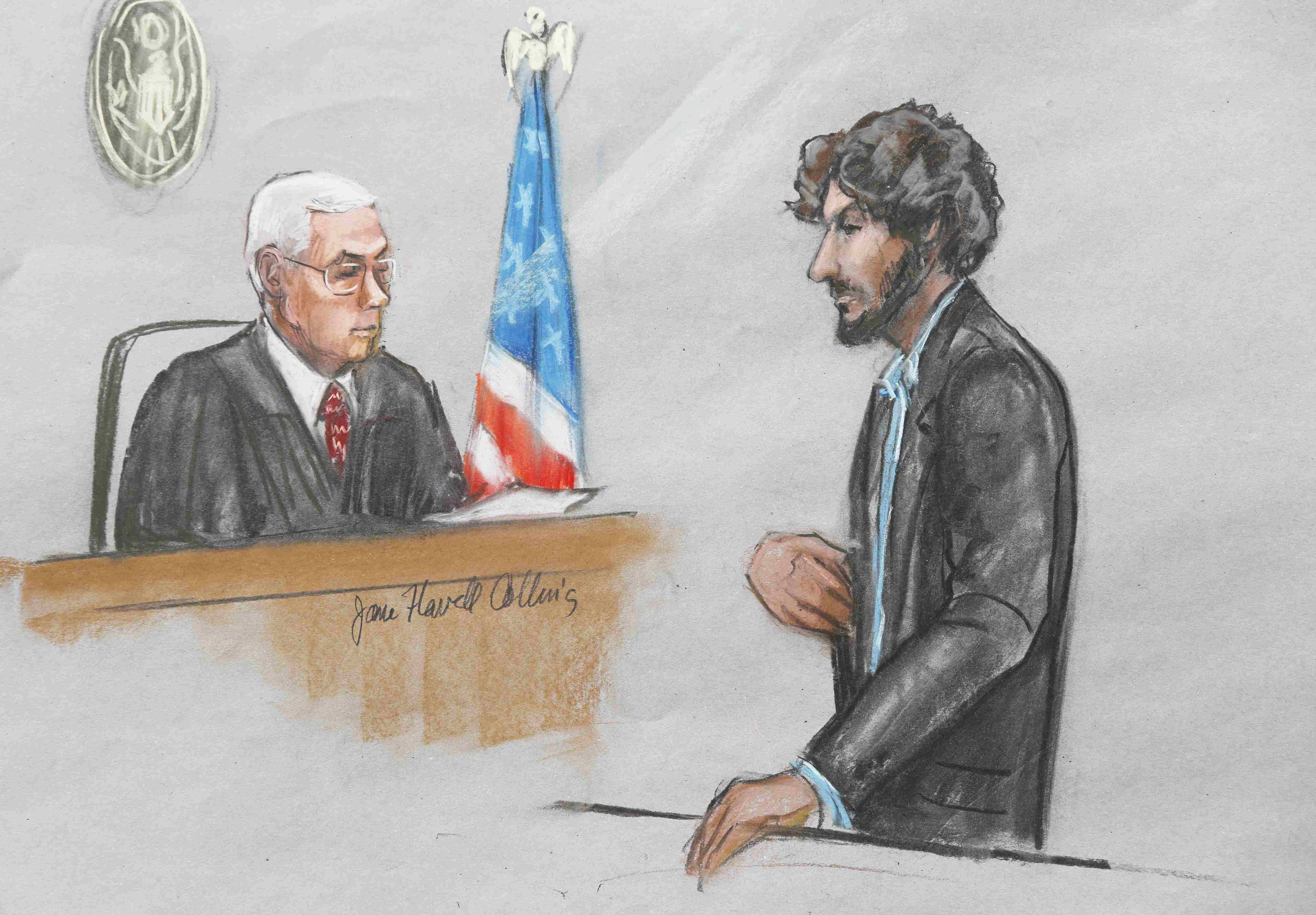 A courtroom sketch shows Boston Marathon bomber Dzhokhar Tsarnaev (R) speaking as U.S. District Judge George O'Toole looks on during his sentencing hearing in Boston, Mass. on June 24, 2015.