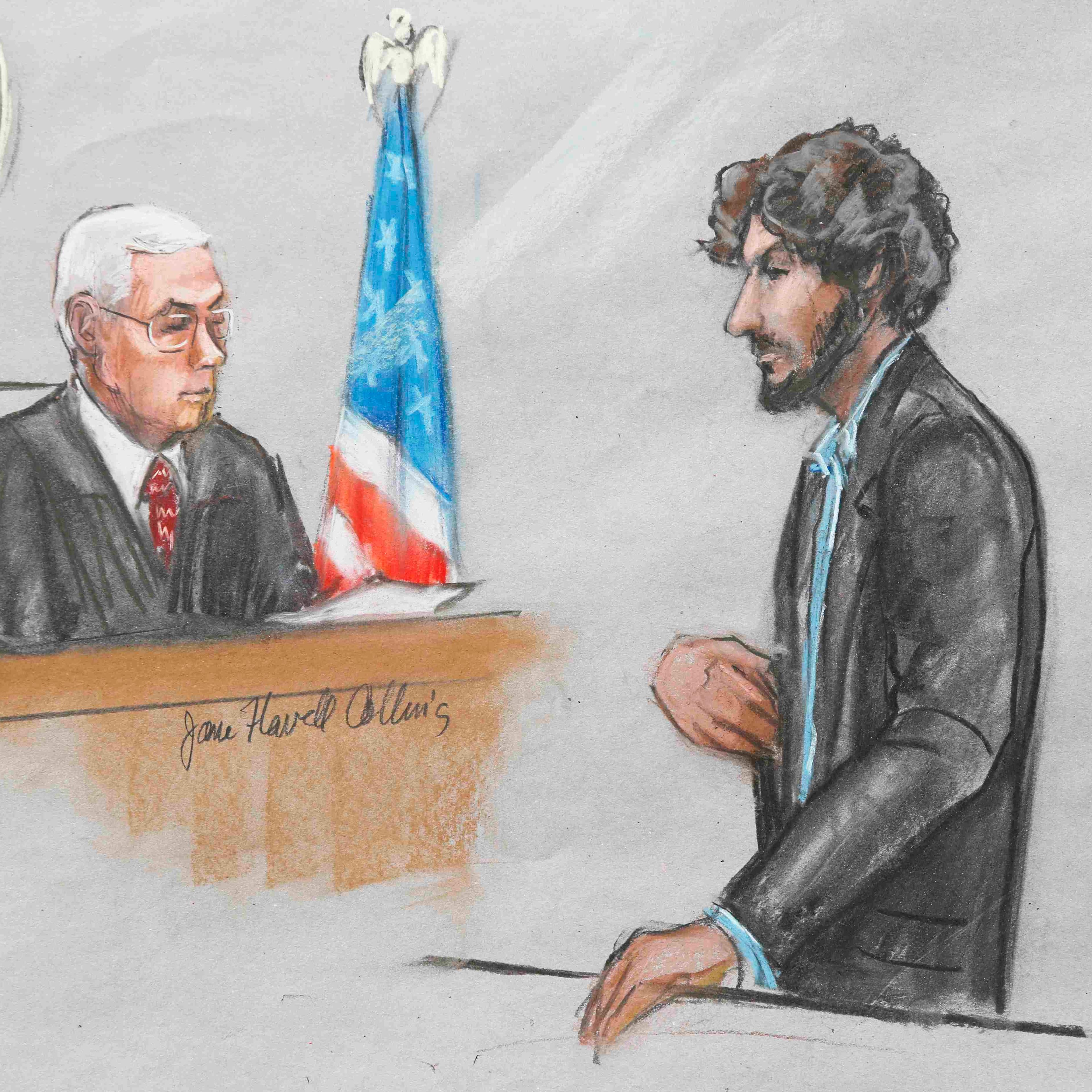 A courtroom sketch shows Boston Marathon bomber Dzhokhar Tsarnaev (R) speaking as U.S. District Judge George O'Toole looks on during his sentencing hearing in Boston, Mass. on June 24, 2015.