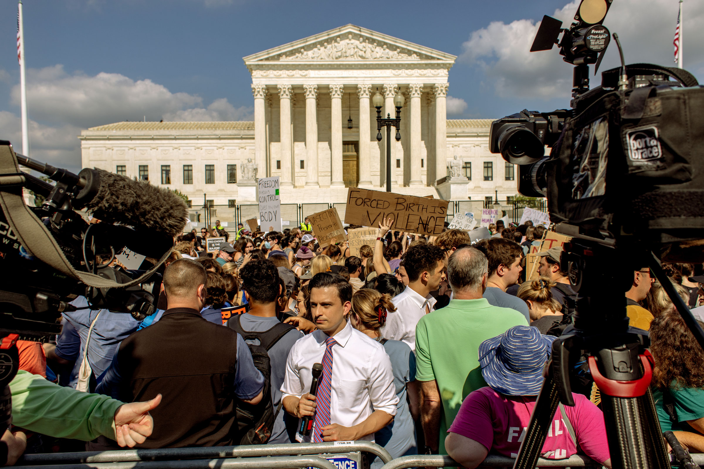 People gather to protest in front of the Supreme Court following their 5-4 decision to overturn Roe v Wade on June 24, 2022 in Washington, D.C. 