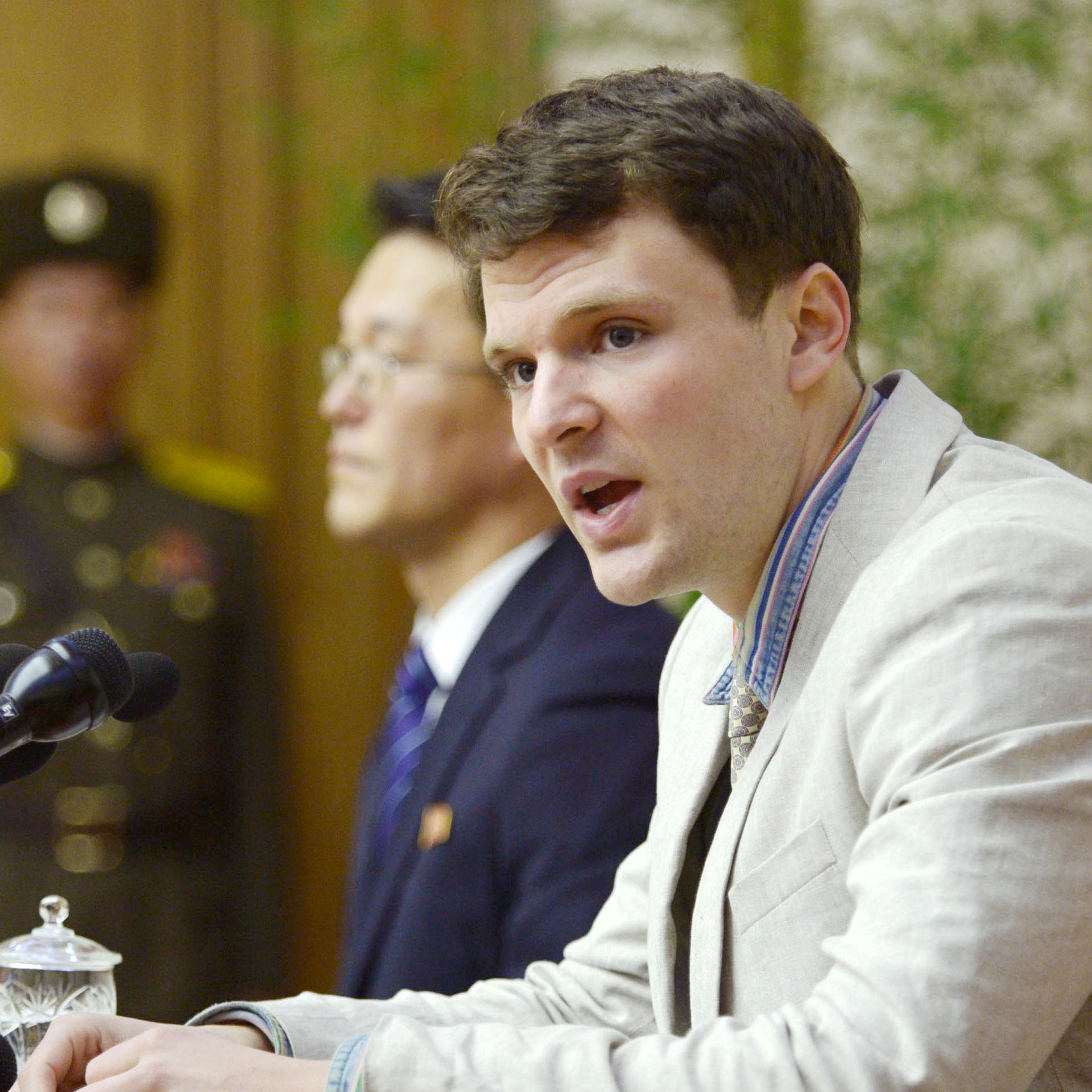 FILE PHOTO - Otto Warmbier attends a new conference in Pyongyang North Korea