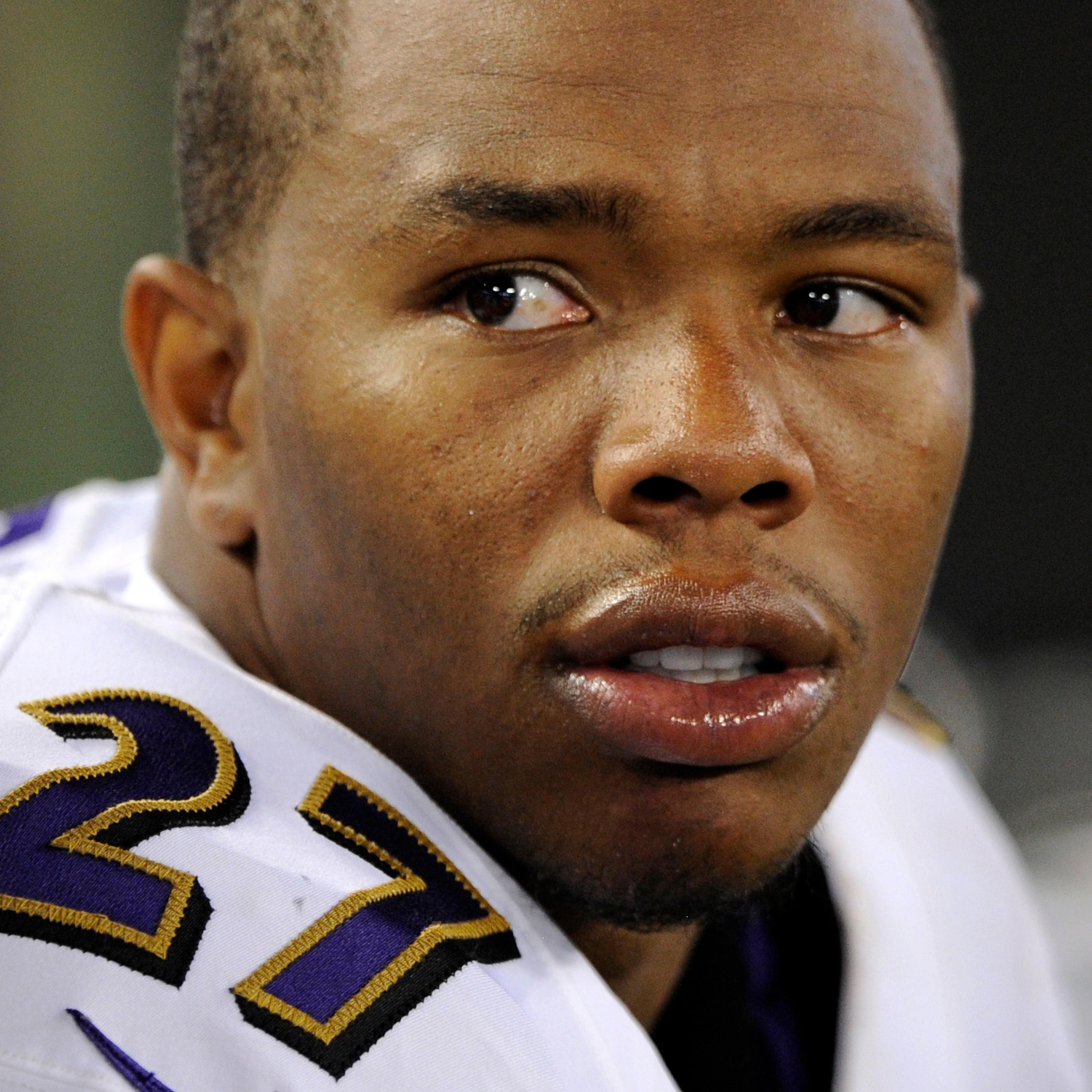 Baltimore Ravens running back Ray Rice sits on the sideline in the first half of an NFL preseason football game against the San Francisco 49ers on Aug. 7, 2014, in Baltimore.