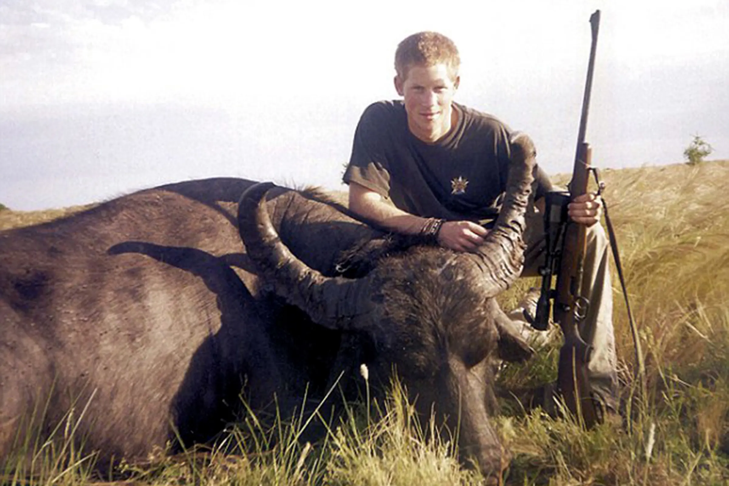 Prince Harry crouches over a water buffalo he shot and killed in South America in 2004.