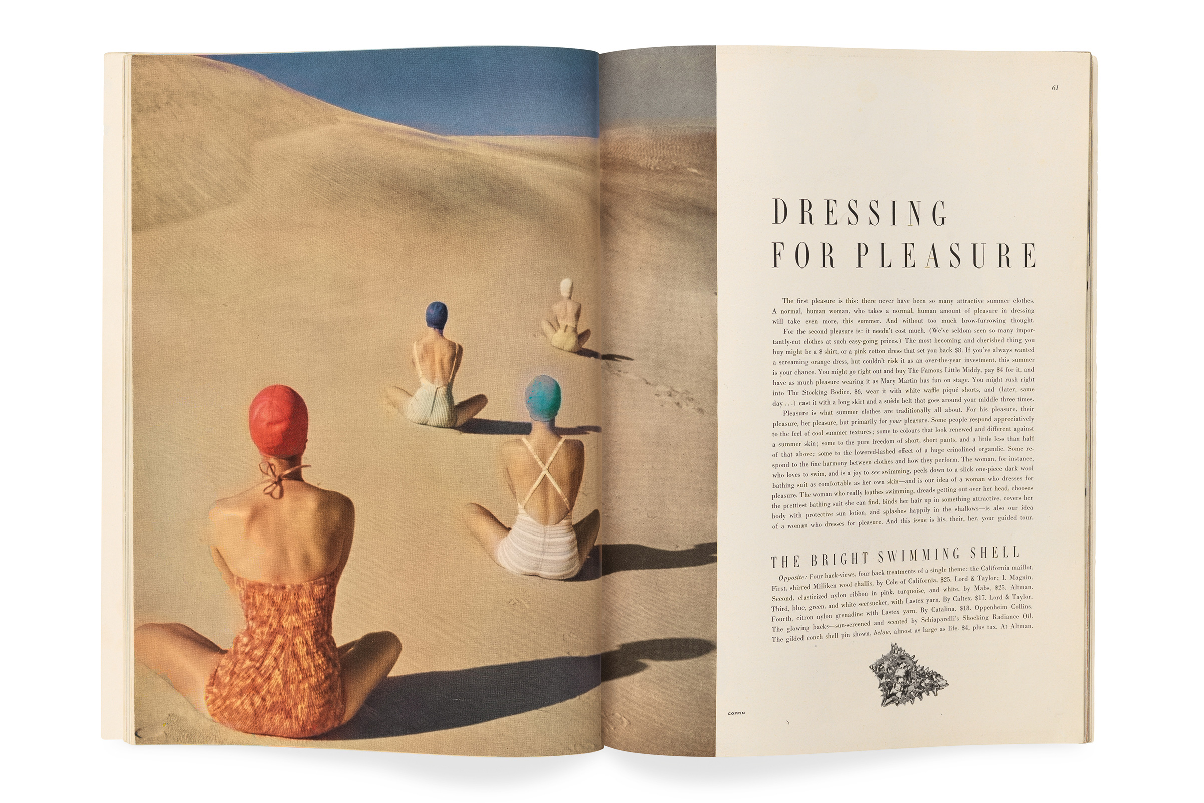 Vogue, June 1949, photograph by Clifford Coffin. “Clifford Coffin took June’s most famous fashion photograph—a bathing-suit
spread that opens the editorial well on a playfully surreal note. Coffin’s
arrangement of four seated figures on a sand dune, their backs to us and their
brightly colored bathing caps like signposts receding into the distance, recalls
René Magritte and anticipates Pop art at its glossiest.”