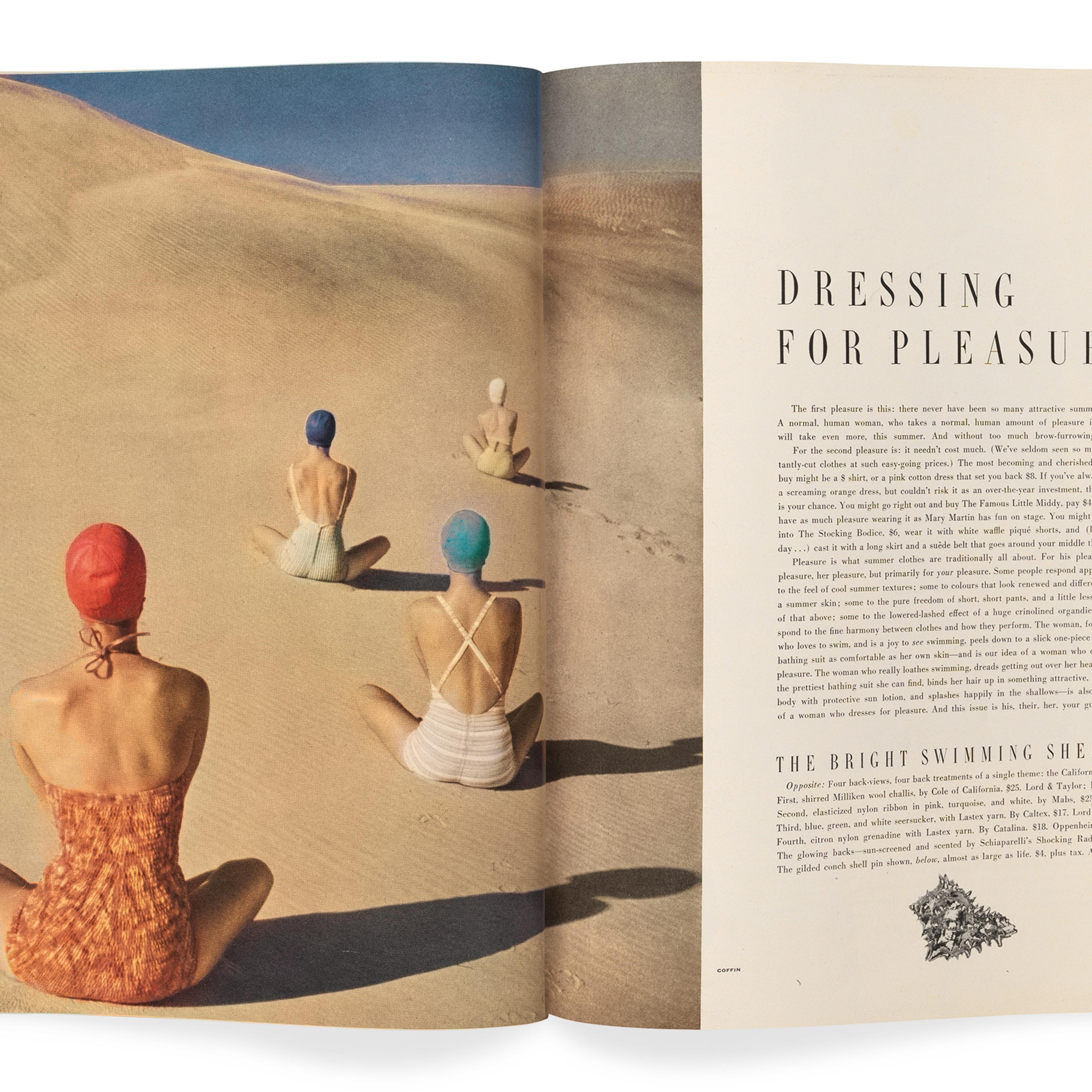 Vogue, June 1949, photograph by Clifford Coffin. “Clifford Coffin took June’s most famous fashion photograph—a bathing-suit
spread that opens the editorial well on a playfully surreal note. Coffin’s
arrangement of four seated figures on a sand dune, their backs to us and their
brightly colored bathing caps like signposts receding into the distance, recalls
René Magritte and anticipates Pop art at its glossiest.”