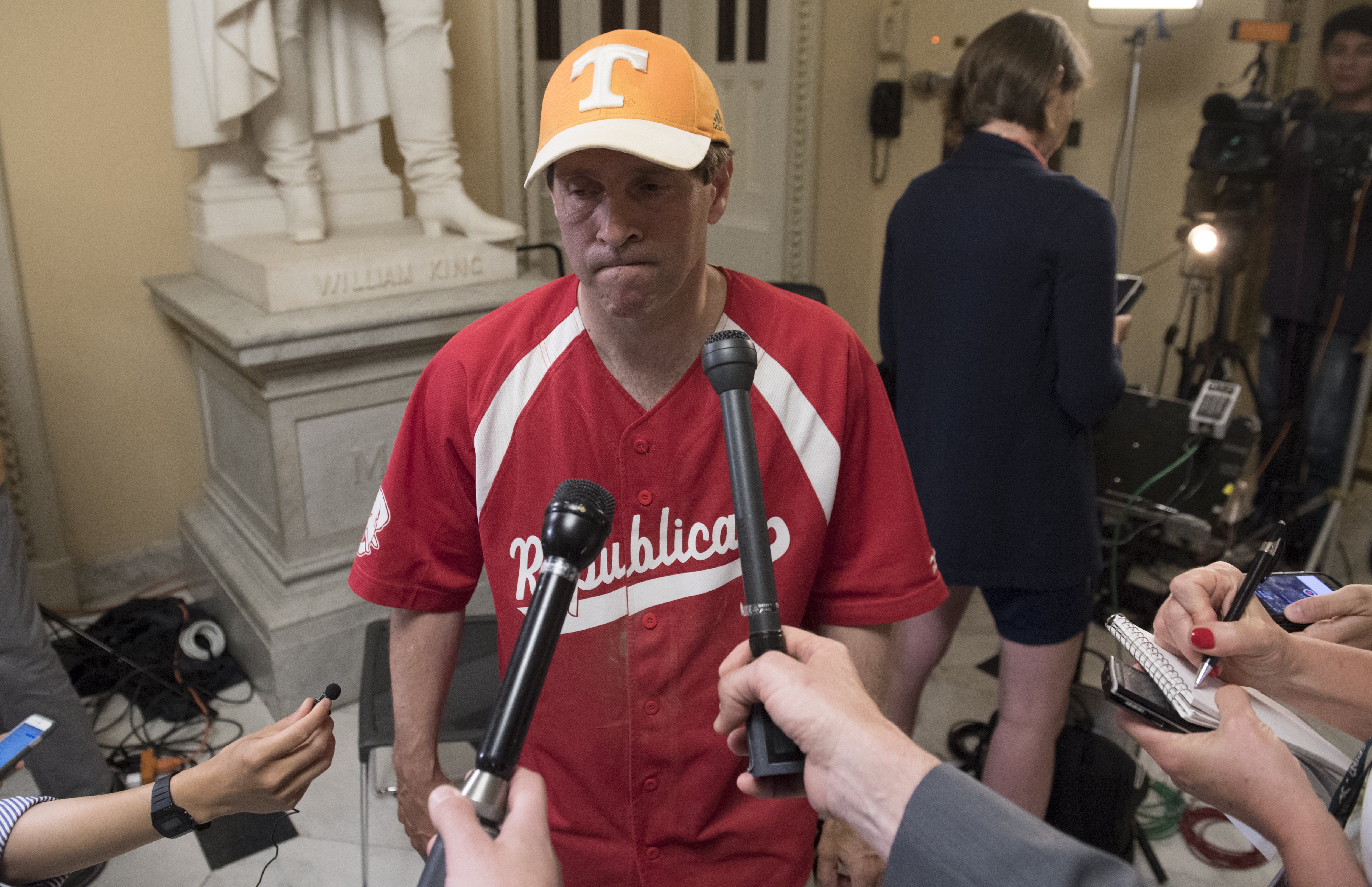 US Representative Chuck Fleischmann, Republican of Tennessee, speaks to the media about a shooting incident during a Congressional baseball practice in Virginia after returning to the US Capitol in Washington, DC, June 14, 2017.