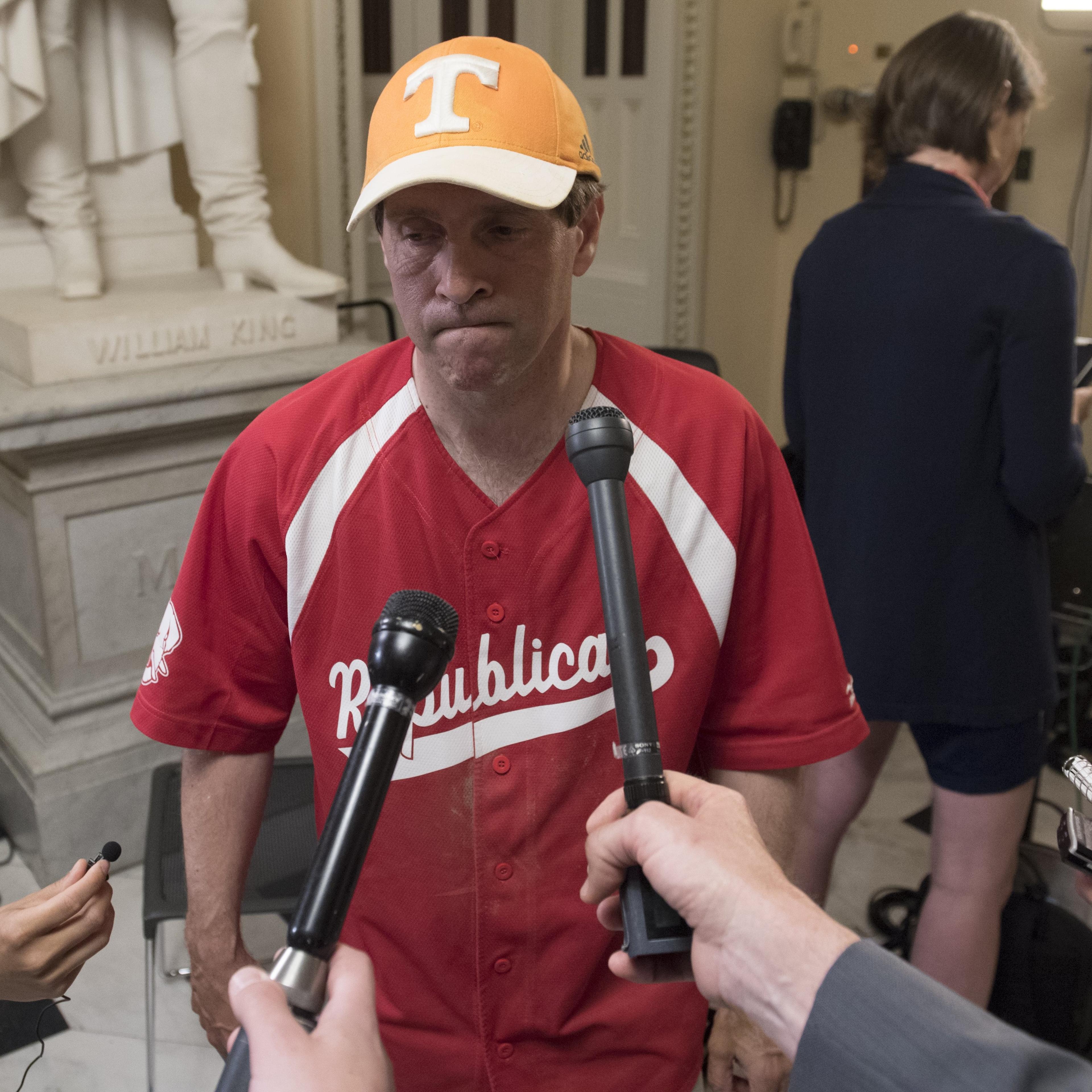 US Representative Chuck Fleischmann, Republican of Tennessee, speaks to the media about a shooting incident during a Congressional baseball practice in Virginia after returning to the US Capitol in Washington, DC, June 14, 2017.