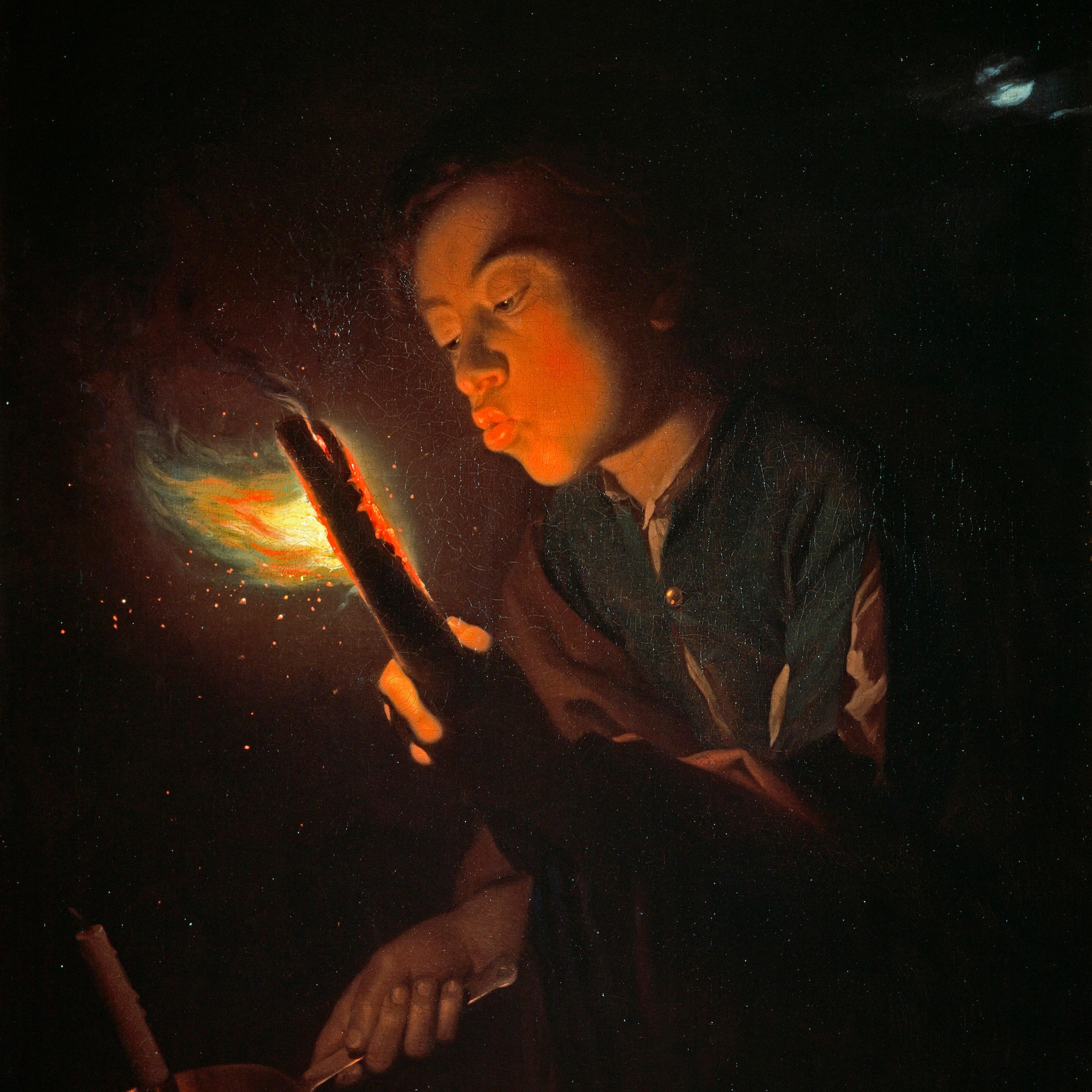 A Boy Blowing on a Firebrand to Light a Candle