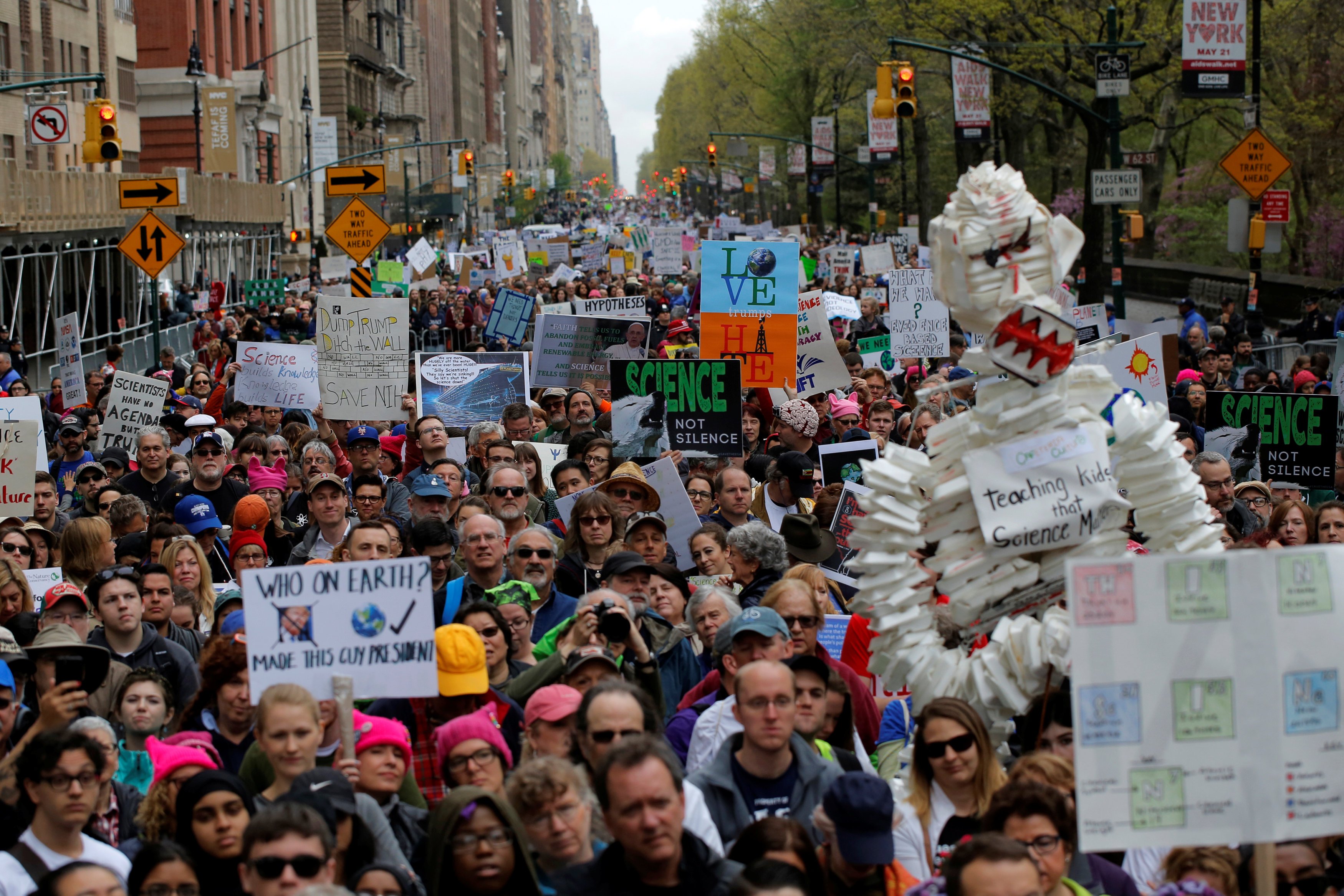 Protesters line Central Park West during the Earth Day 'March For Science NYC' demonstration to coincide with similar marches globally in Manhattan, New York, U.S.