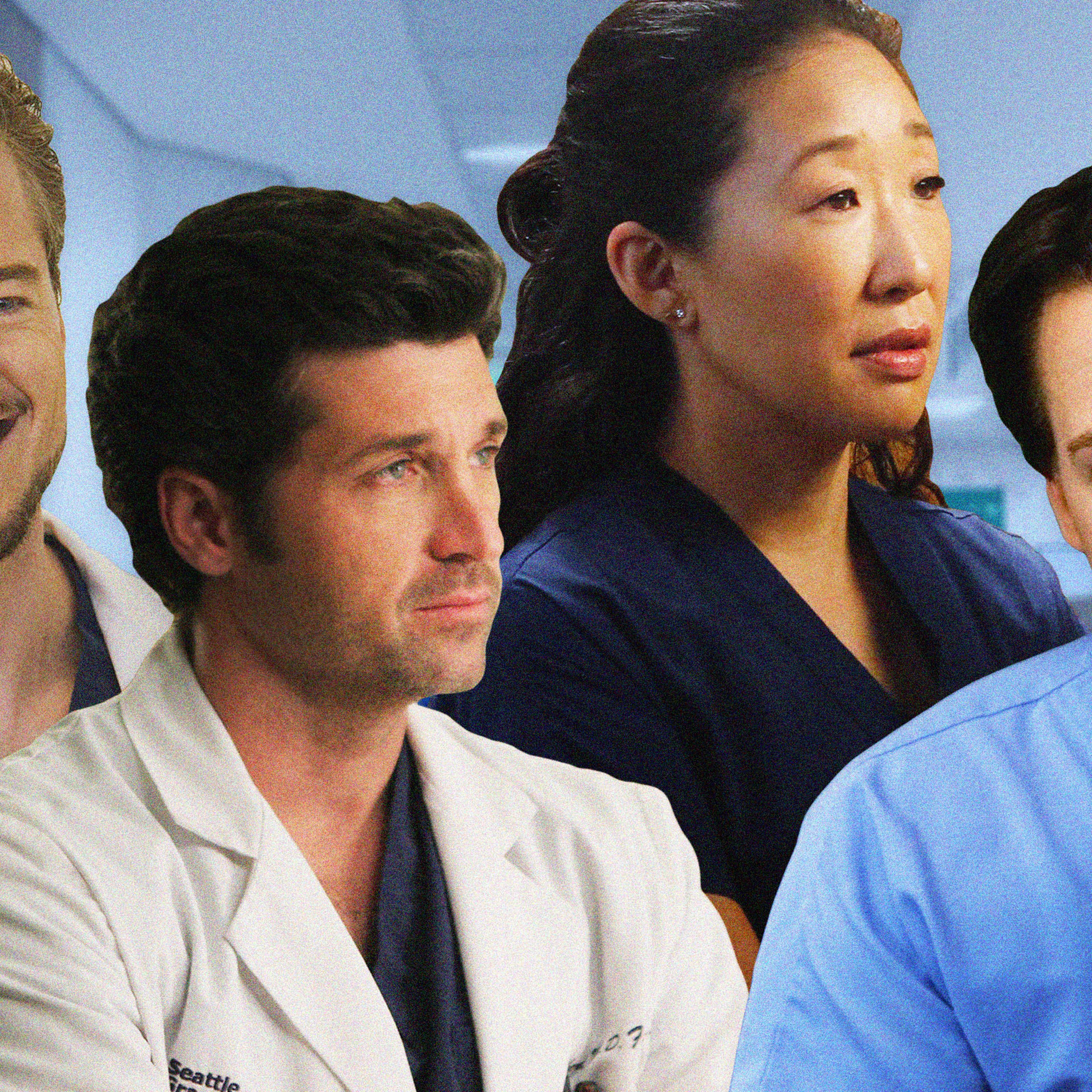 A collage of 4 characters from the show grey's anatomy on a background of inside a hospital