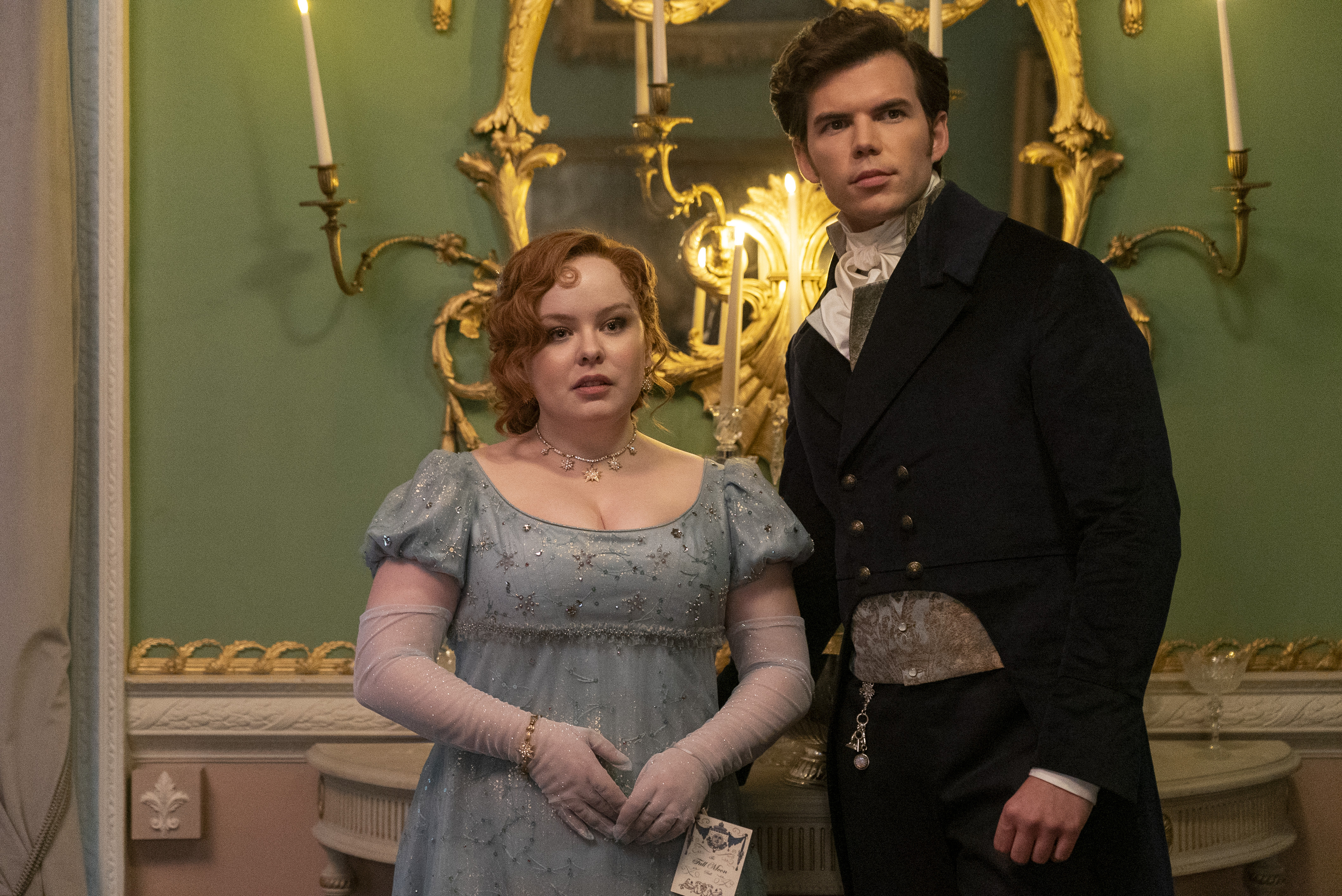 Bridgerton. (L to R) Nicola Coughlan as Penelope Featherington, Luke Newton as Colin Bridgerton in episode 302 of Bridgerton. Cr. Liam Daniel/Netflix © 2024