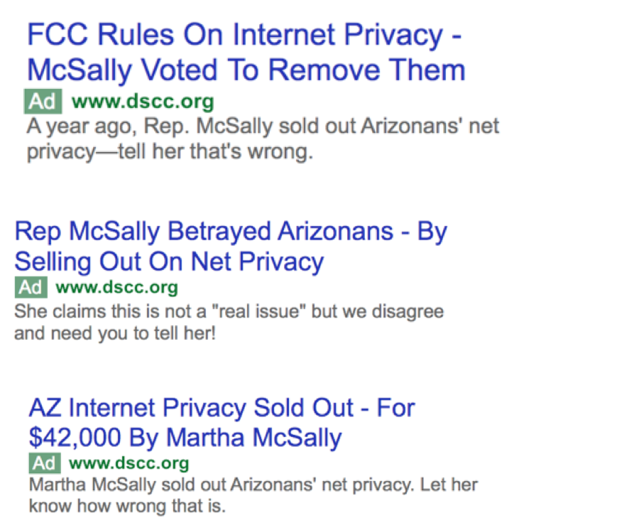The DSCC has launched a slew of ads on Google highlighting her vote for rolling back internet privacy protections. 